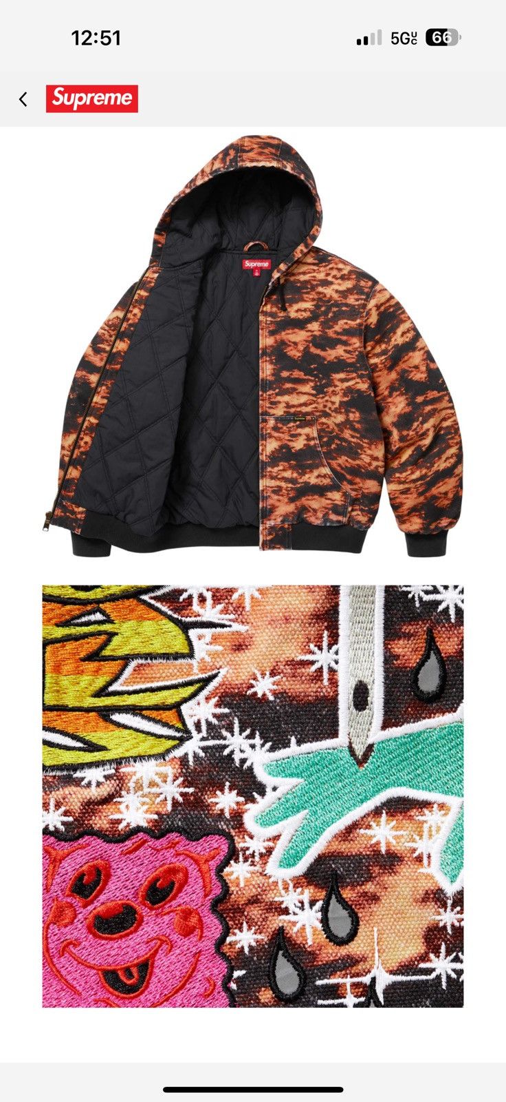 Supreme AOI EMBROIDERED HOODED WORK JACKET FLAMES SIZE M Size US M / EU 48-50 / 2 - 3 Thumbnail