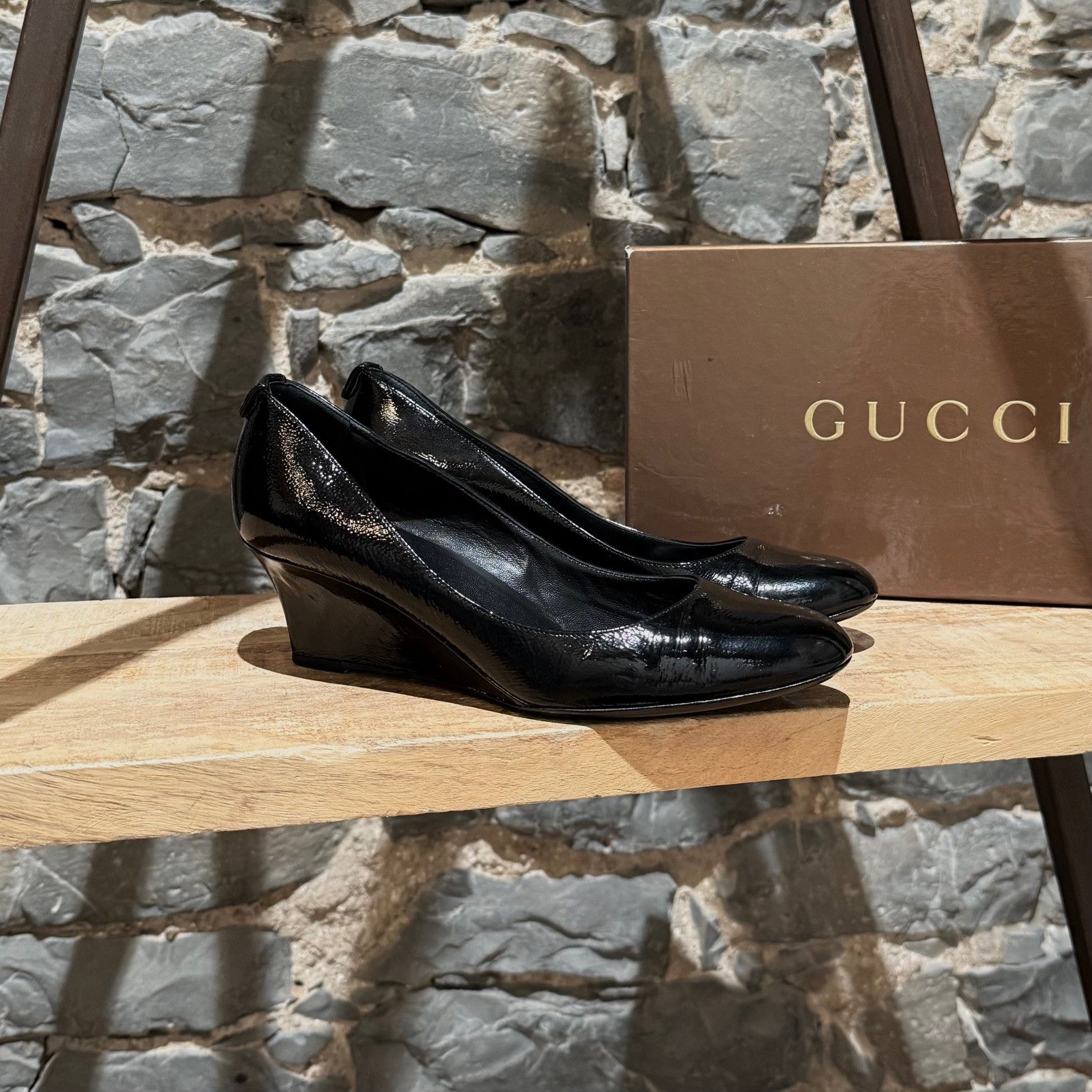 Gucci Gucci Black Patent GG Wedge Pumps Size US 7.5 / IT 37.5 - 1 Thumbnail