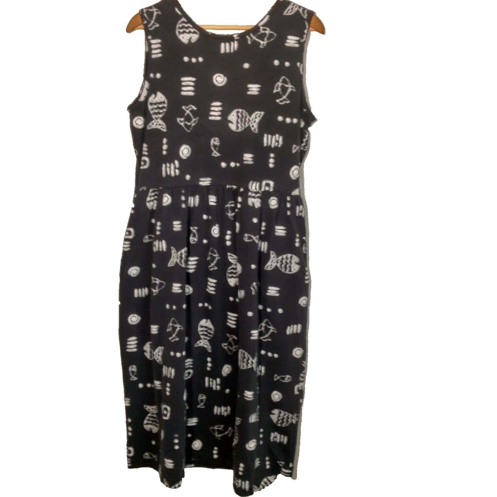 Basic Editions Vintage Basic Editions Women’s Midi Dress Black Sleeveless Boho Fish Pattern Casual Summer Fall Spring Vacation Size L / US 10 / IT 46 - 2 Thumbnail