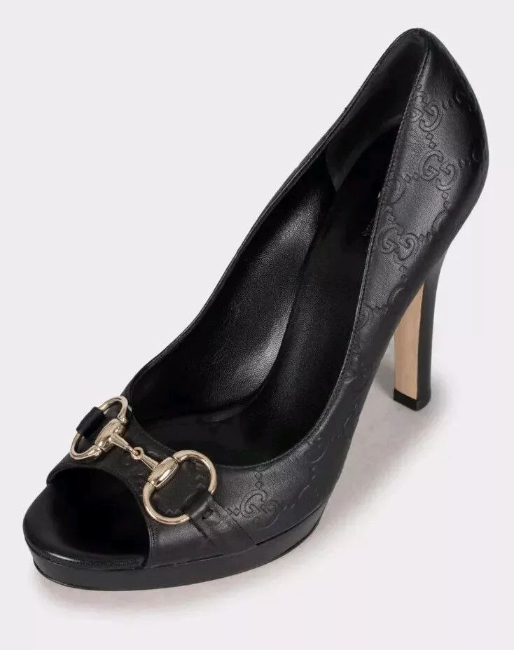 Gucci Guccissima GG monogram black leather horsebit peep toe Size US 9.5 / IT 39.5 - 1 Thumbnail