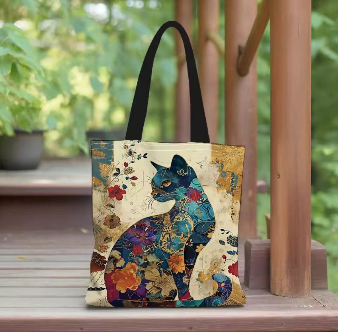 Japanese Brand Floral Cat Pattern Tote Bag, Aesthetic Canvas School Size ONE SIZE - 3 Thumbnail