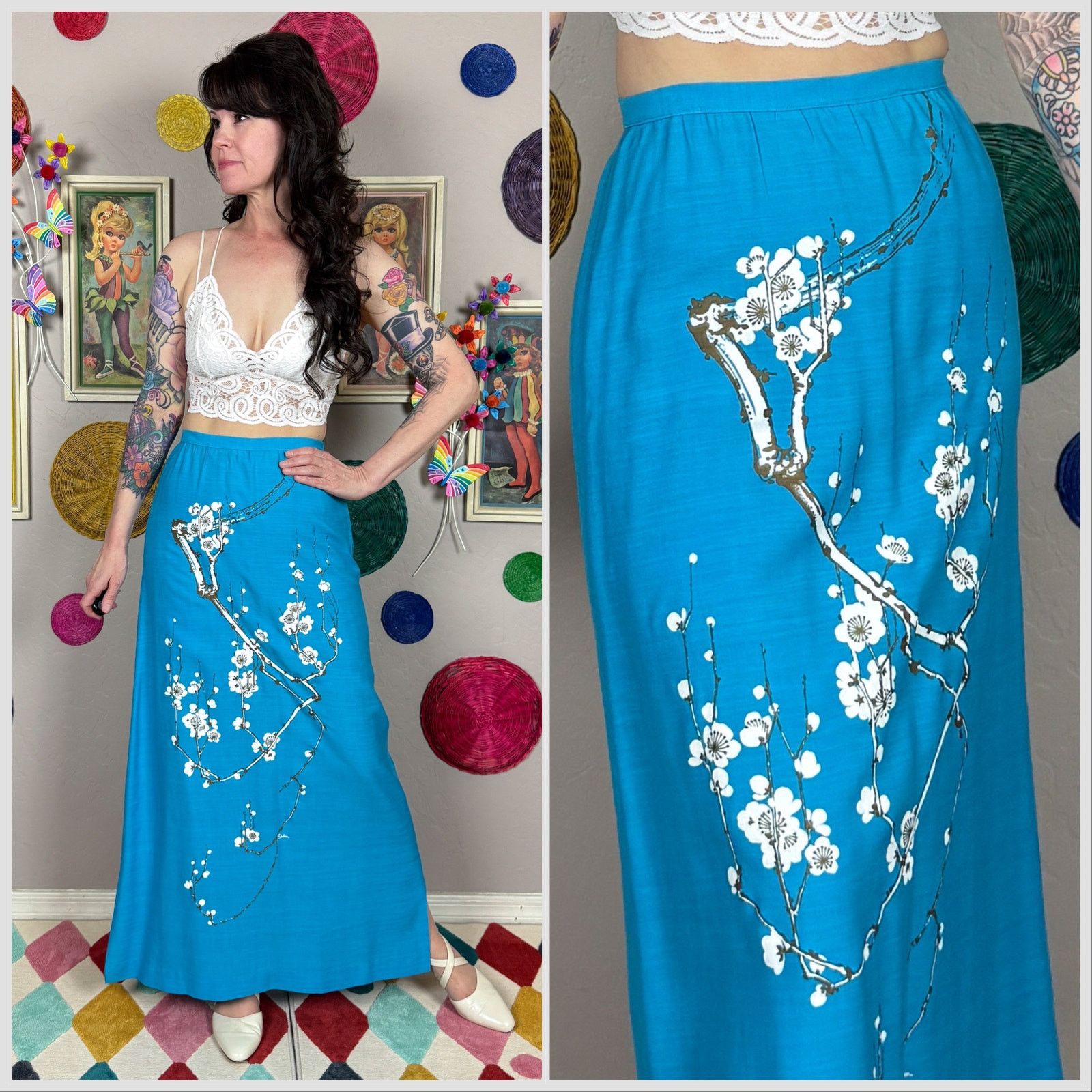 Vintage Vintage 1970s Blue High Waist Cherry Blossom Maxi Skirt Size 26" / US 2 / IT 38 - 1 Thumbnail