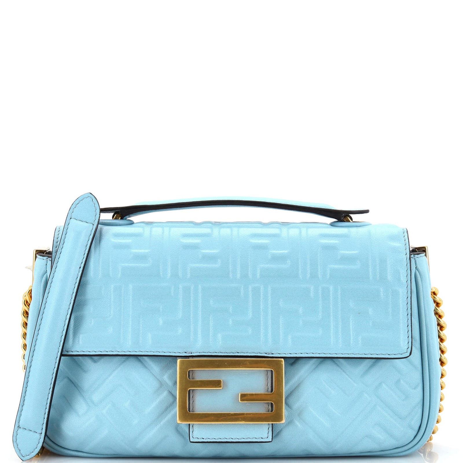 image of Fendi Midi Baguette Chain Bag Zucca Embossed Leather Medium in Blue, Women's