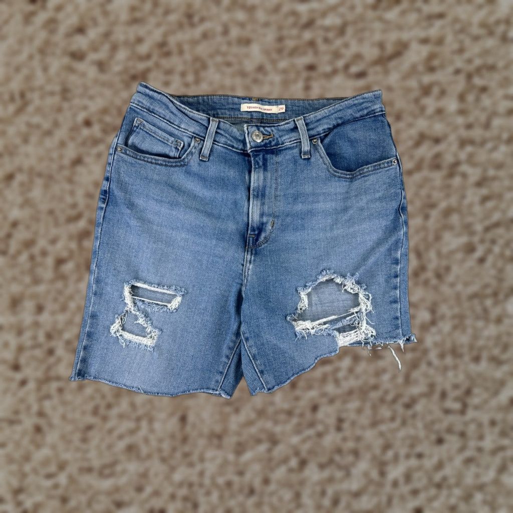 Levi's Levis Womens Short Denim 29 Blue 5-Pocket Distressed Cut-Off High Rise 721 Jeans Mid Rise Size 29" - 1 Thumbnail
