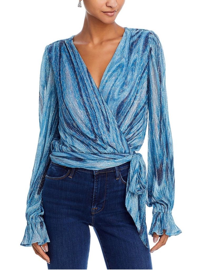 Ramy Brook Ramy Brook Metallic Blue Wrap Blouse w/ Tie Waist -Small NWT Size S / US 4 / IT 40 - 1 Thumbnail