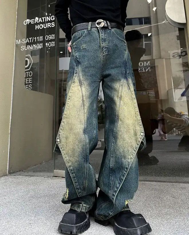 image of Distressed Denim Ribbon Niche Design Worn Out Loose Denim Pant in Blue, Men's (Size 29)