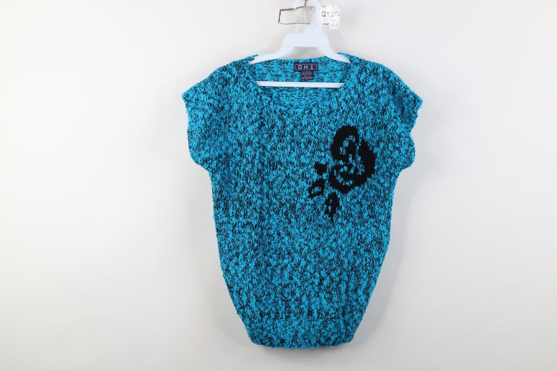 Vintage Vintage 80s 90s Flower Dolman Short Sleeve Knit Sweater Blue Size S / US 4 / IT 40 - 1 Thumbnail