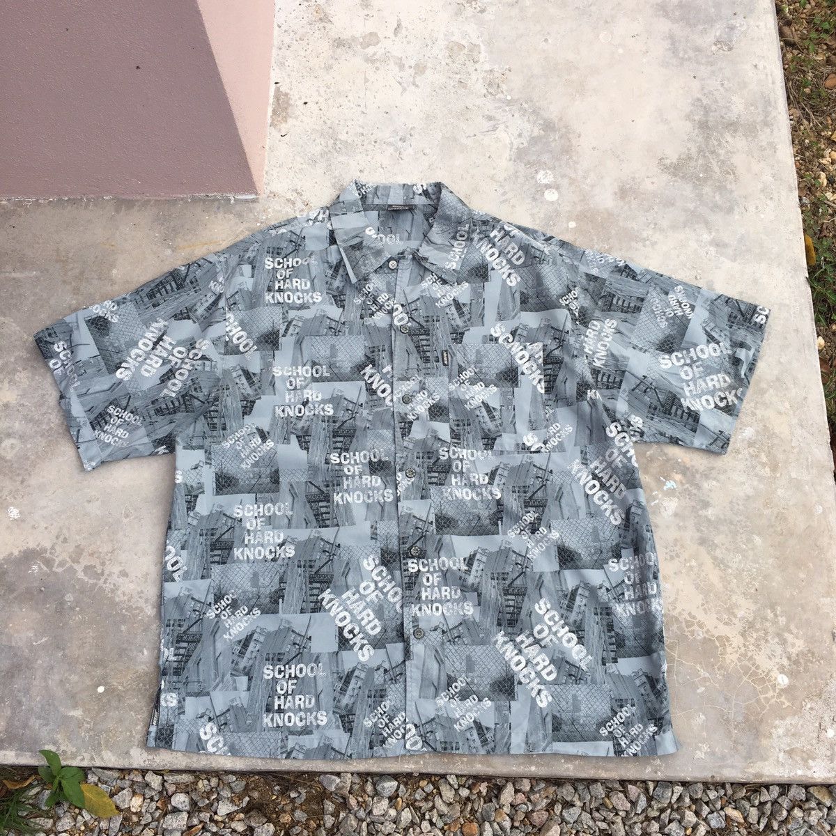 image of Jnco x Skategang Vintage Aop School Of Hard Knocnks Button Up Shirt in Grey, Men's (Size 2XL)