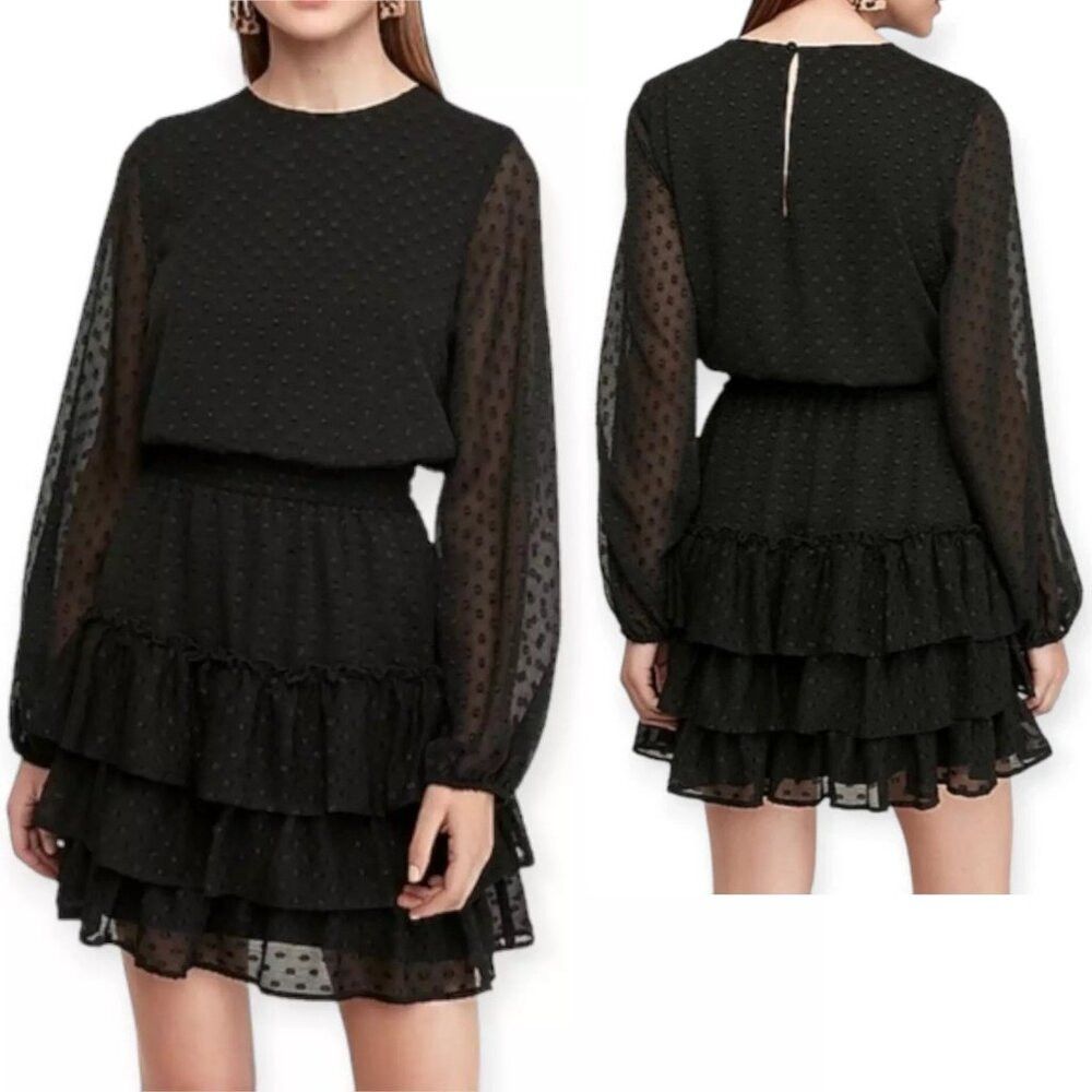 Express Express Clip Dot Long Sleeve Tiered Mini Black Dress Size L Size L / US 10 / IT 46 - 1 Thumbnail