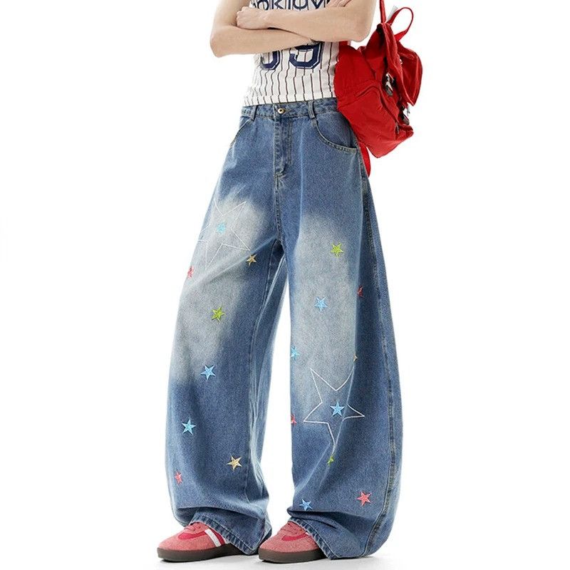 Japanese Brand American Style High Street Star Embroidery Jeans Size US 33 - 2 Thumbnail