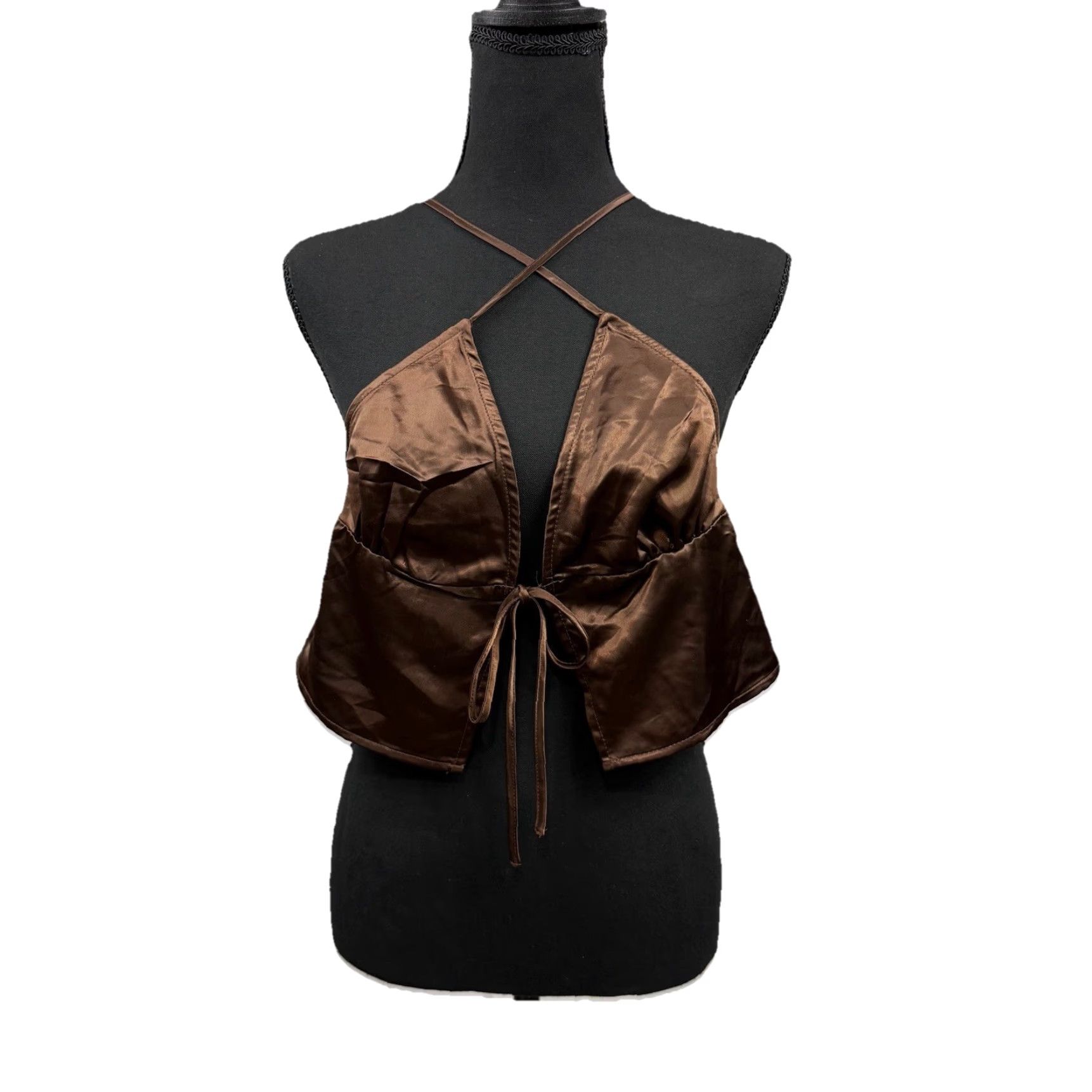 H&M VINTAGE H&M Divided Satin Tank Top Cropped Tie Backless Brown 12 Womens Size XL / US 12-14 / IT 48-50 - 2 Thumbnail