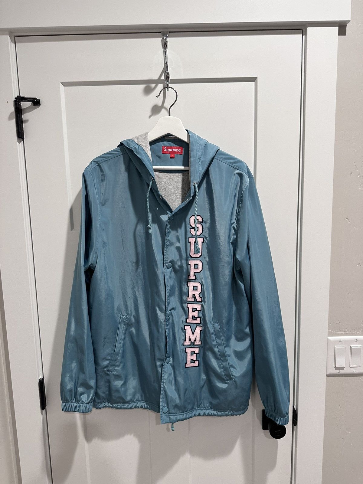 image of Supreme Vertical Logo Hooded Coaches Jacket in Blue, Men's (Size Large)