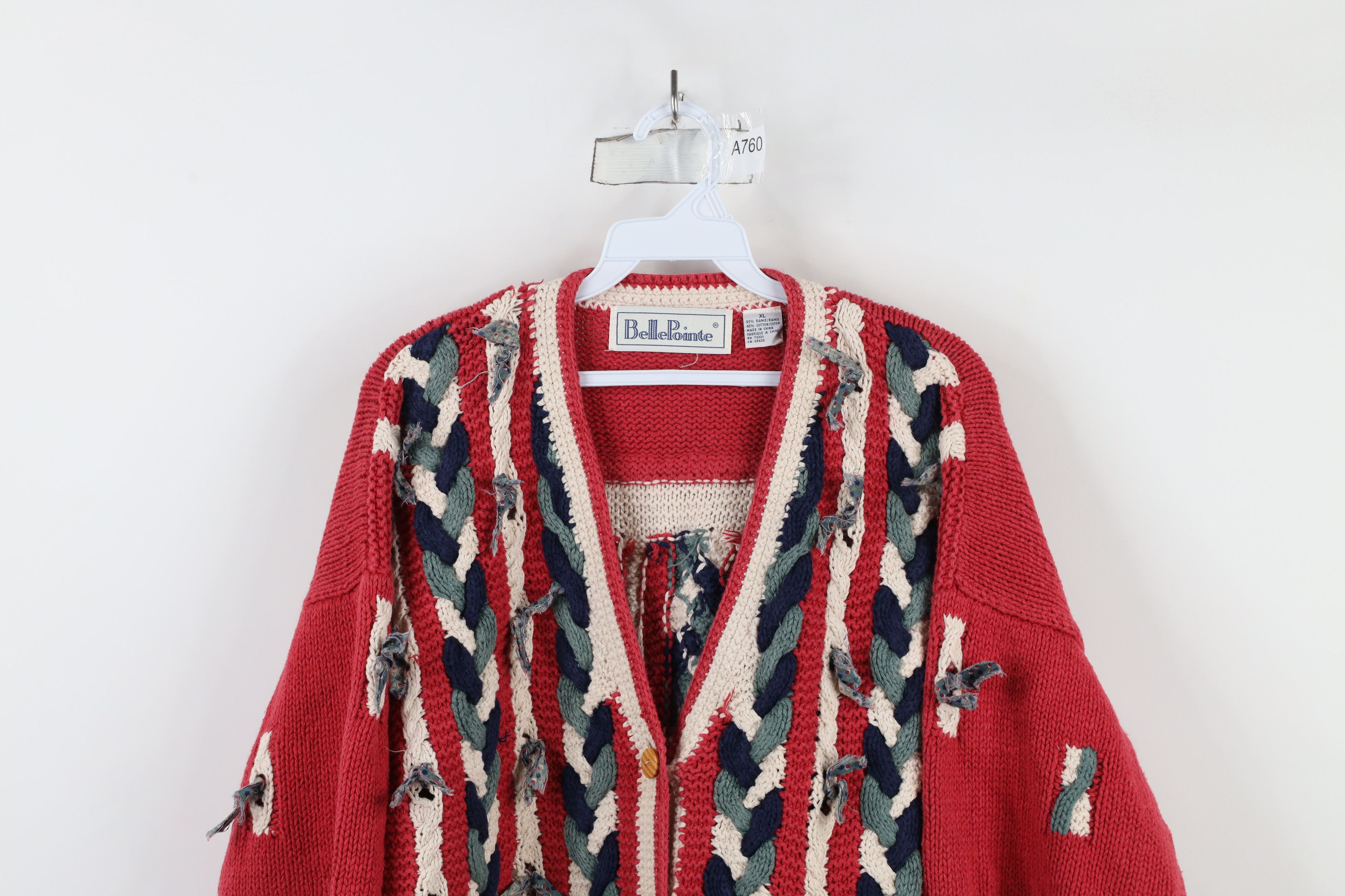 Vintage Vintage 90s Quilt Strip Fringed Chunky Knit Cardigan Sweater Size XL / US 12-14 / IT 48-50 - 2 Thumbnail