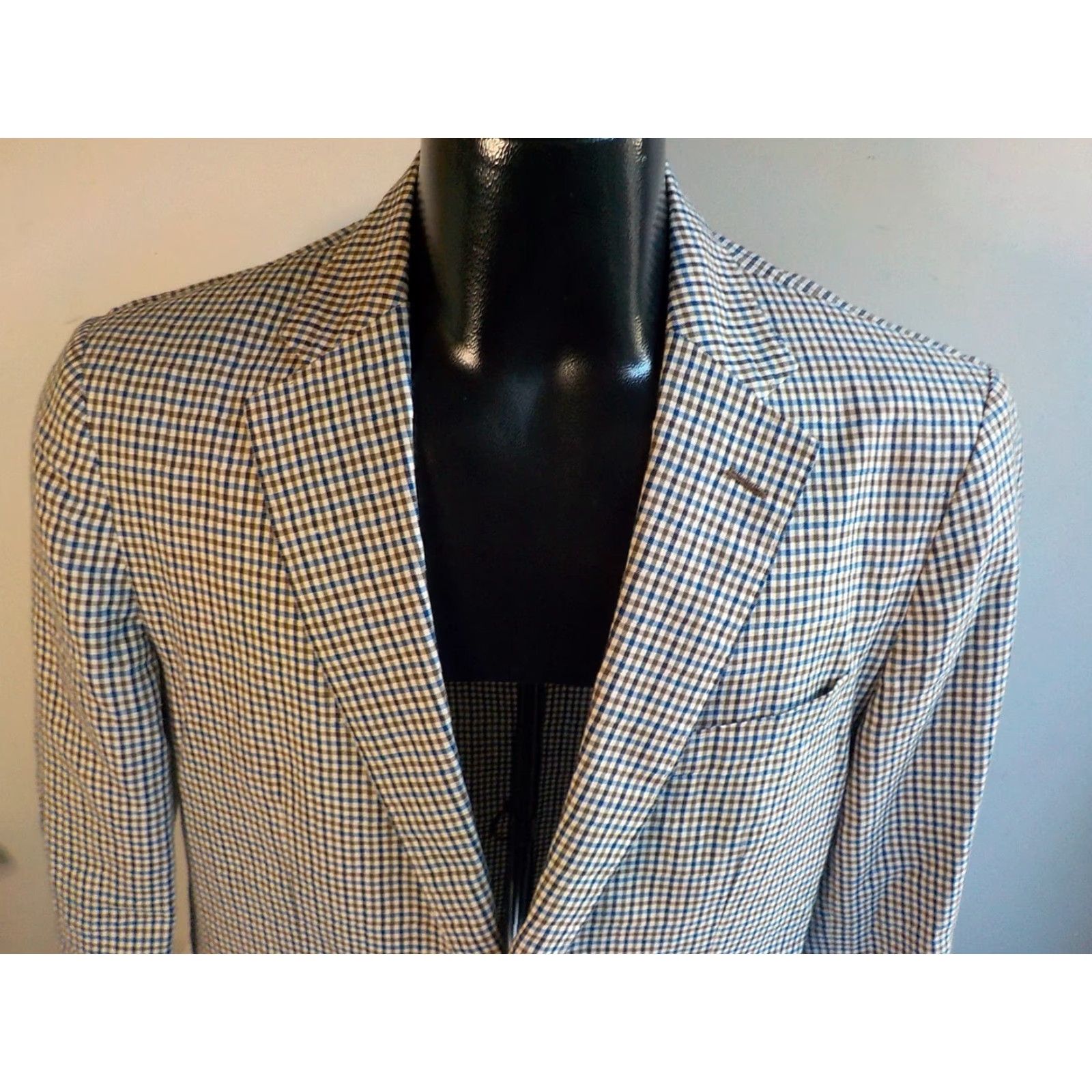 J.Crew VINTAGE J.CREW Blazer Blue Brown Ivory 40Cotton/Linen Slim 38R Men Shirt Jacket Blazer Mens Slim Check 2 Button Ludlow 80% Cotton 20% Linen Size 38R - 3 Thumbnail