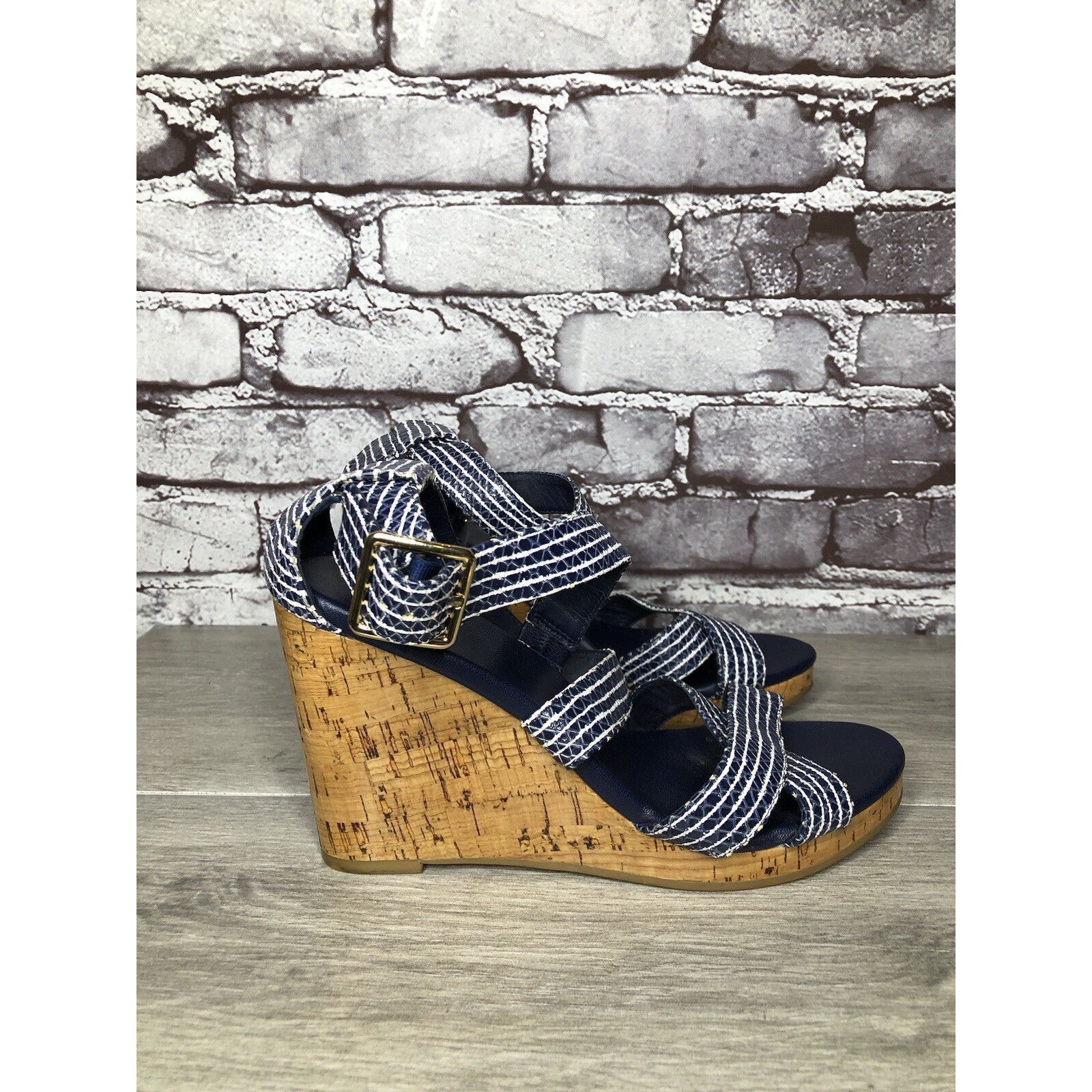 Cole Haan Cole Haan Grand OS Blue White Stripe Leather Cork Wedge Sand Size US 7.5 / IT 37.5 - 16 Thumbnail