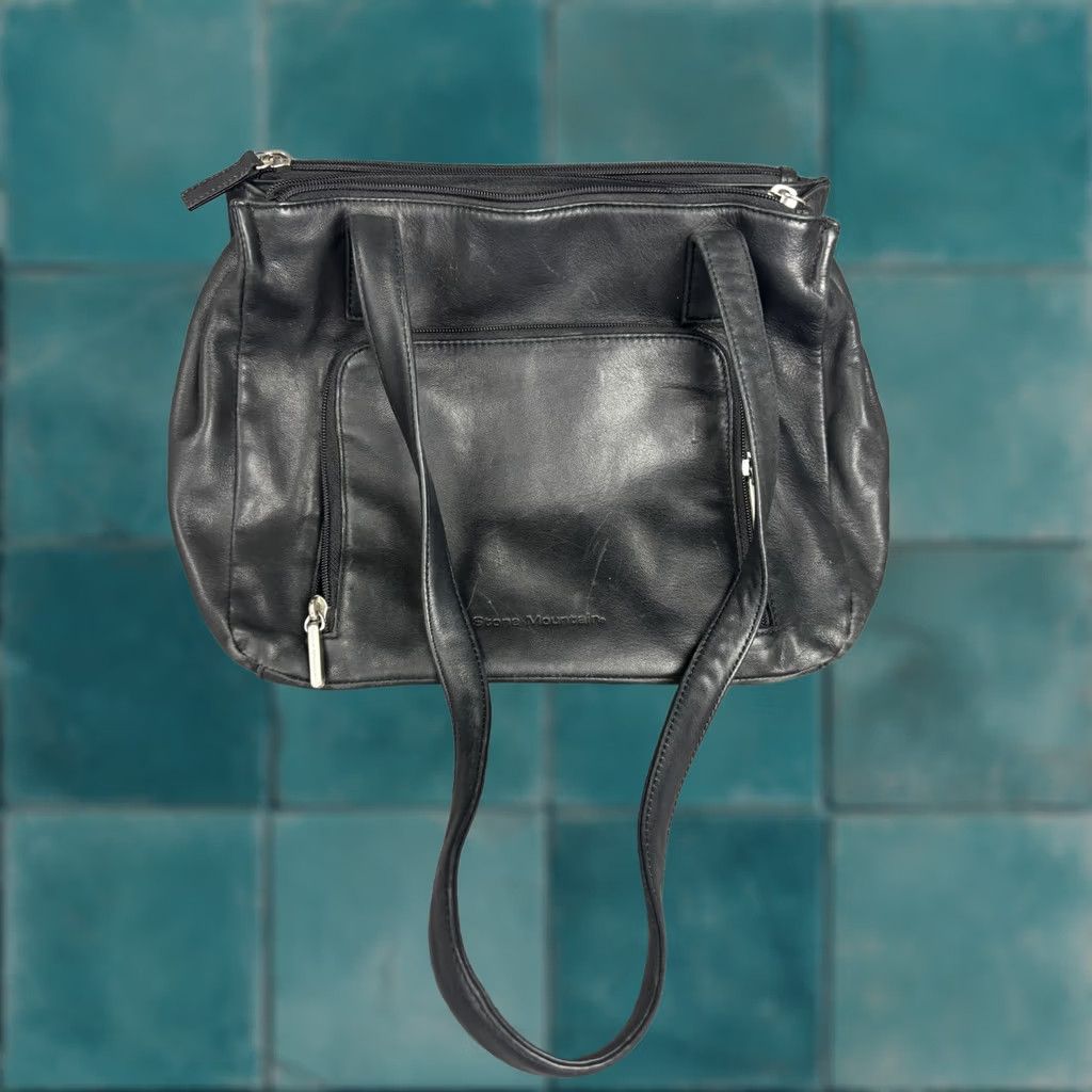 Vintage STONE MOUNTAIN Leather Shoulder Bag Tote Womens Black Zip Pockets Organizer Large Size ONE SIZE - 1 Thumbnail