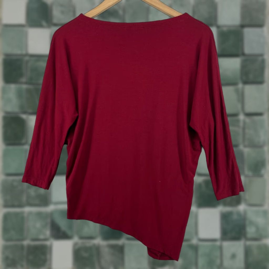 EILEEN FISHER Top PP Petite Stretch Jersey V-Neck 3/4 Sleeve Asymmetric Red USA Shirt Womens