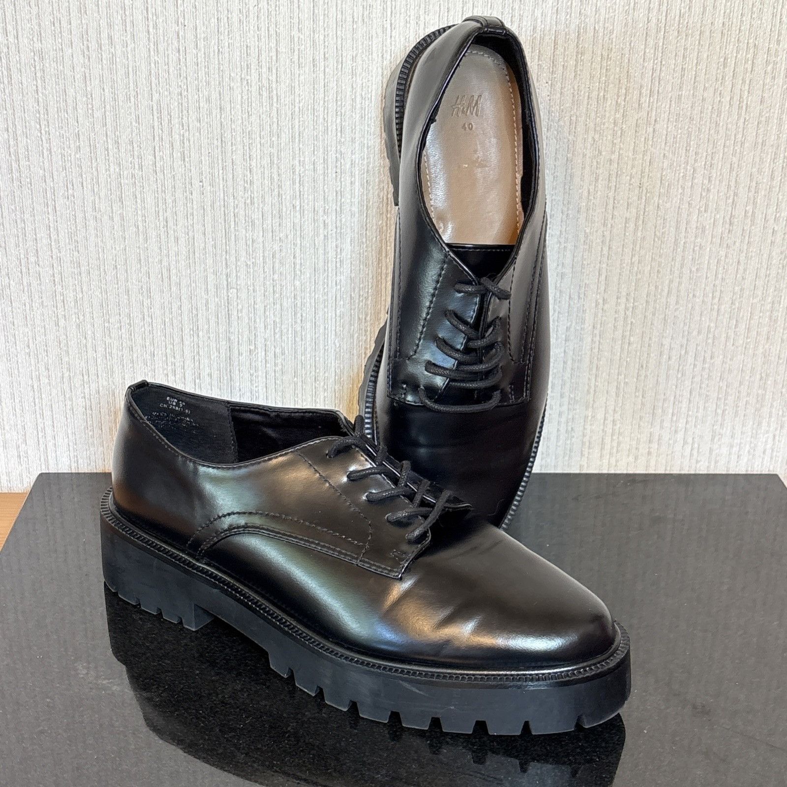 H&M H&M Oxford Shoes Womens 9 Black Faux Leather Lug Sole Brogue Size US 9 / IT 39 - 1 Thumbnail