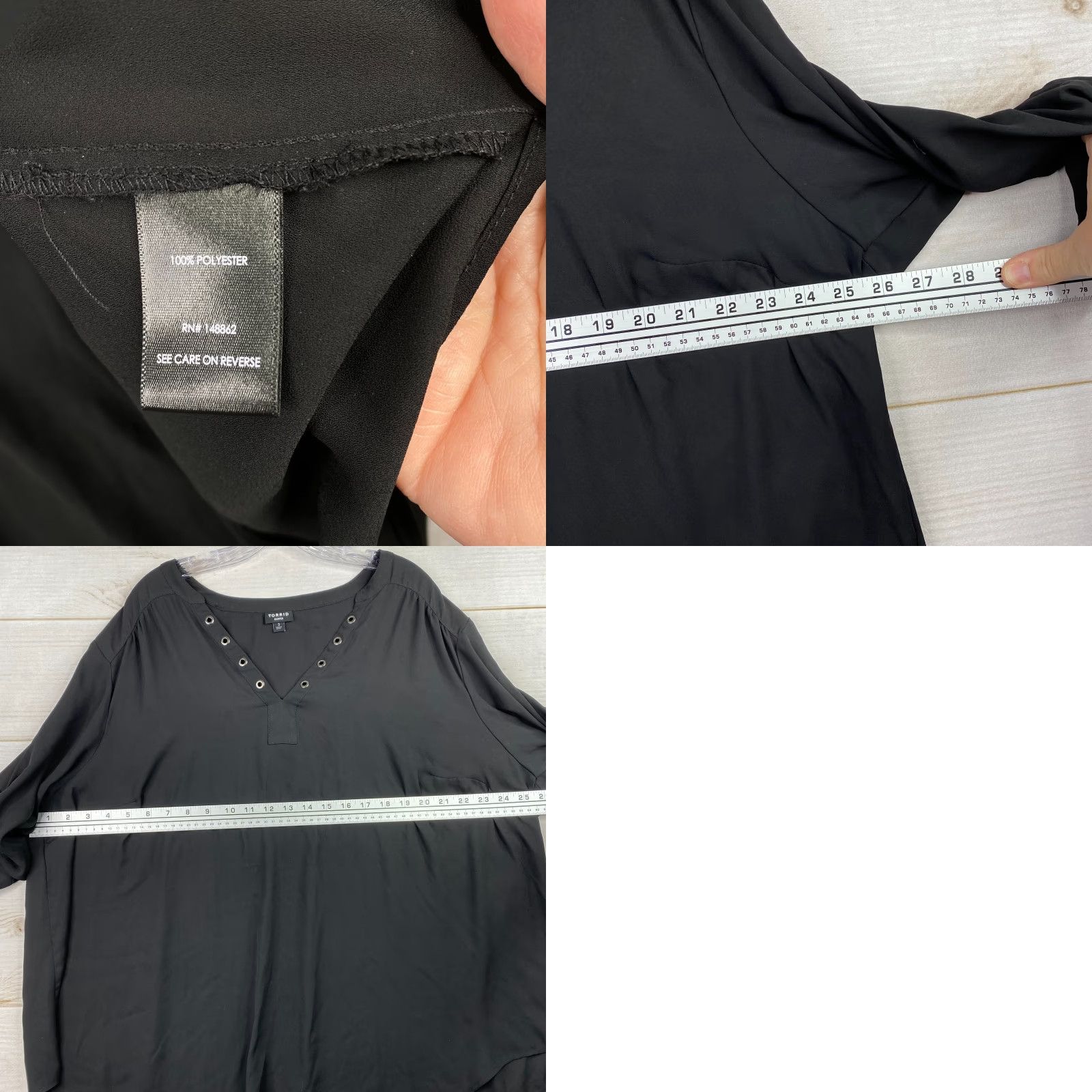 Torrid Torrid Blouse Black 3X 3/4 Roll Tab Sleeve V-Neck Grommets Rayon Polyester Womens Shirt Wide F it: Regular, Plus Size Size XXL / US 16-18 / IT 52-54 - 8 Thumbnail
