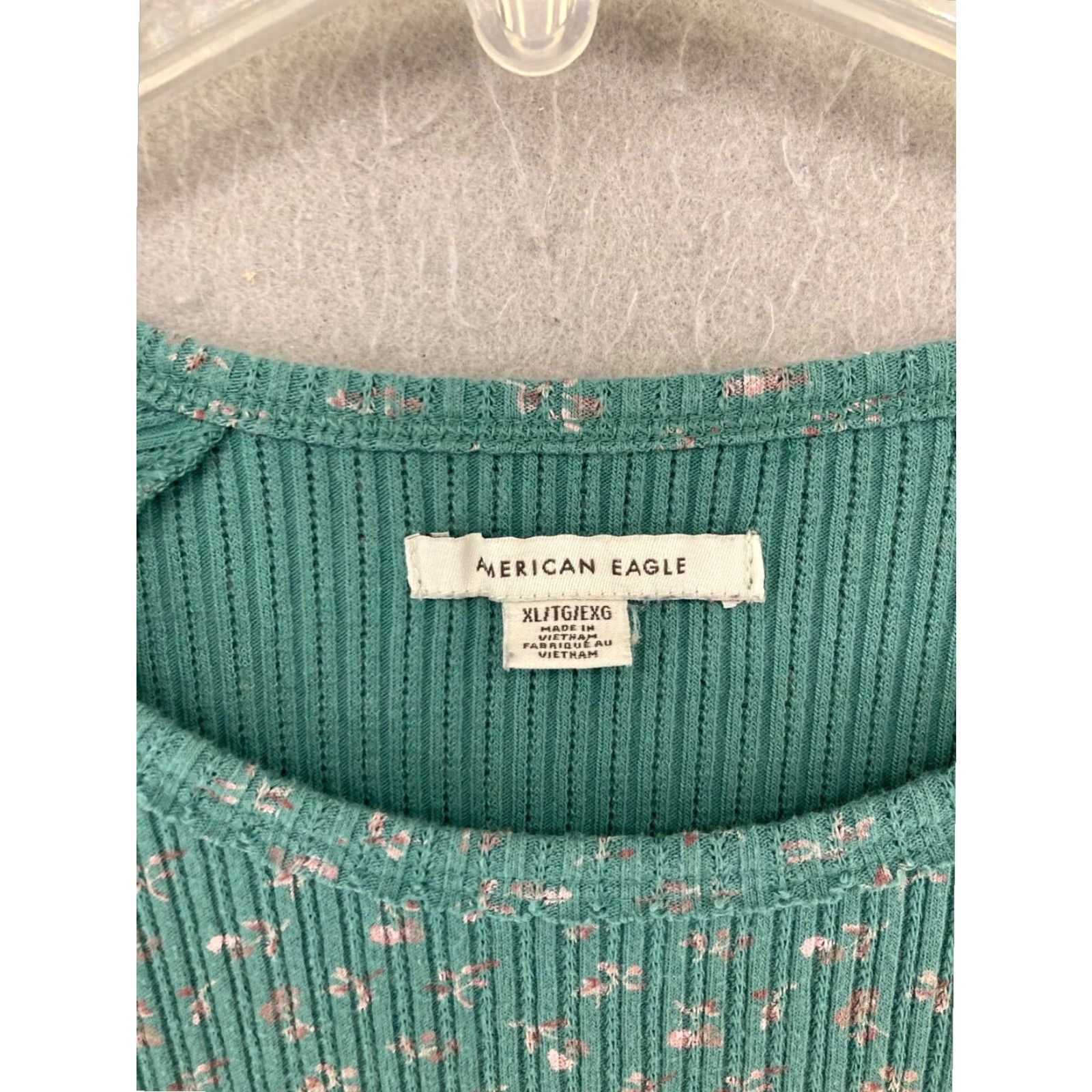 American Eagle Outfitters American Eagle Womens XL Green Floral Cropped Ribbed Shirt Size XL / US 12-14 / IT 48-50 - 4 Thumbnail