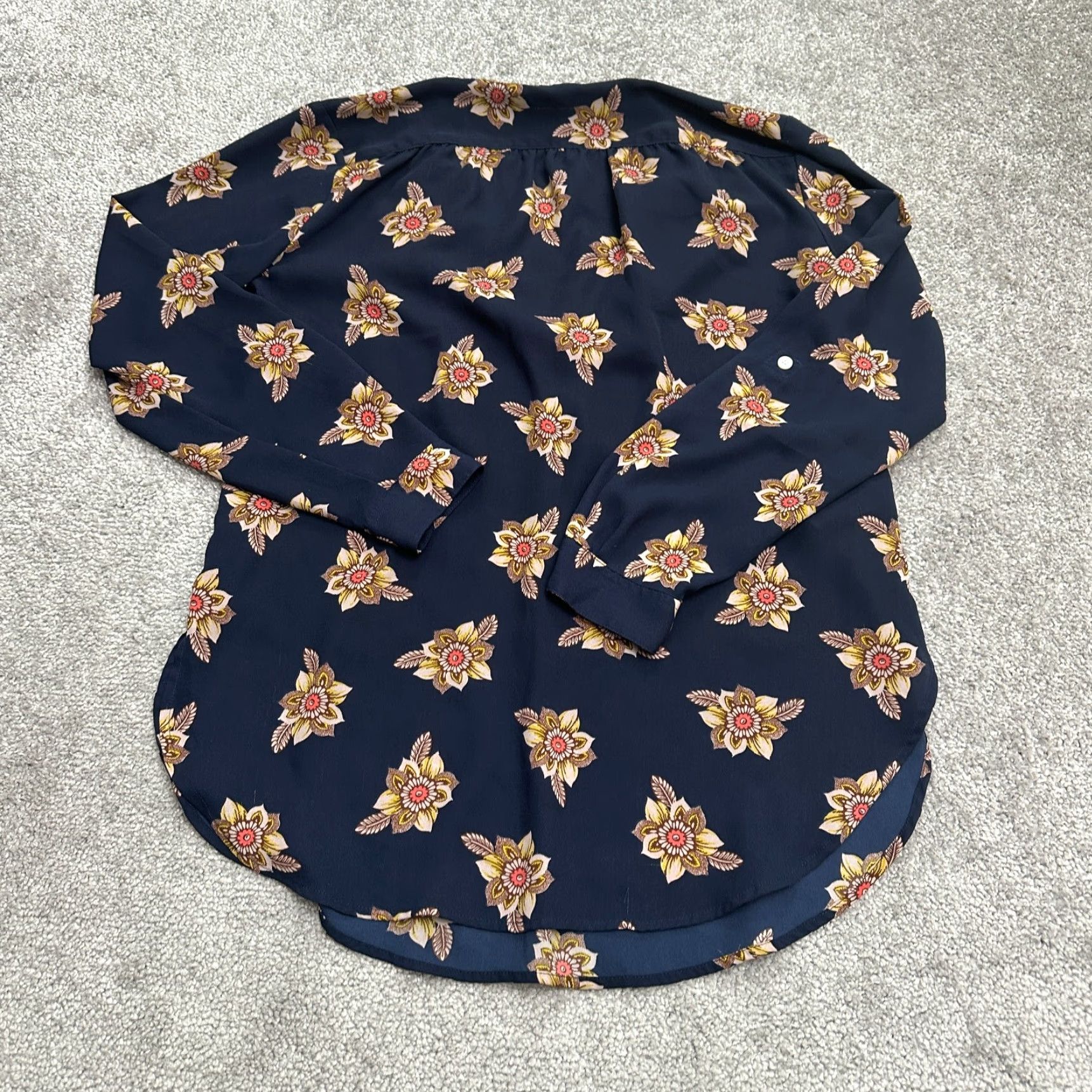 Loft Ann Taylor Loft Petites Tunic Blouse Womens XSP Blue Floral V-Neck Long Sleeve Size XS / US 0-2 / IT 36-38 - 2 Thumbnail