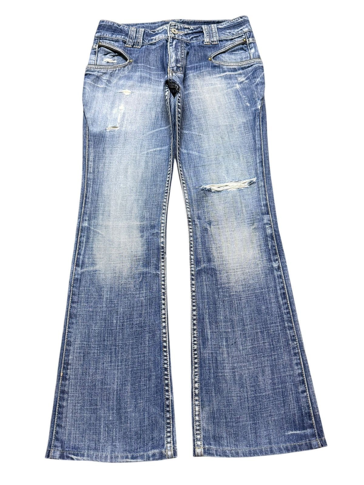 Vintage Michel Klein Blue Faded Wash Distress Wide Leg Flare
