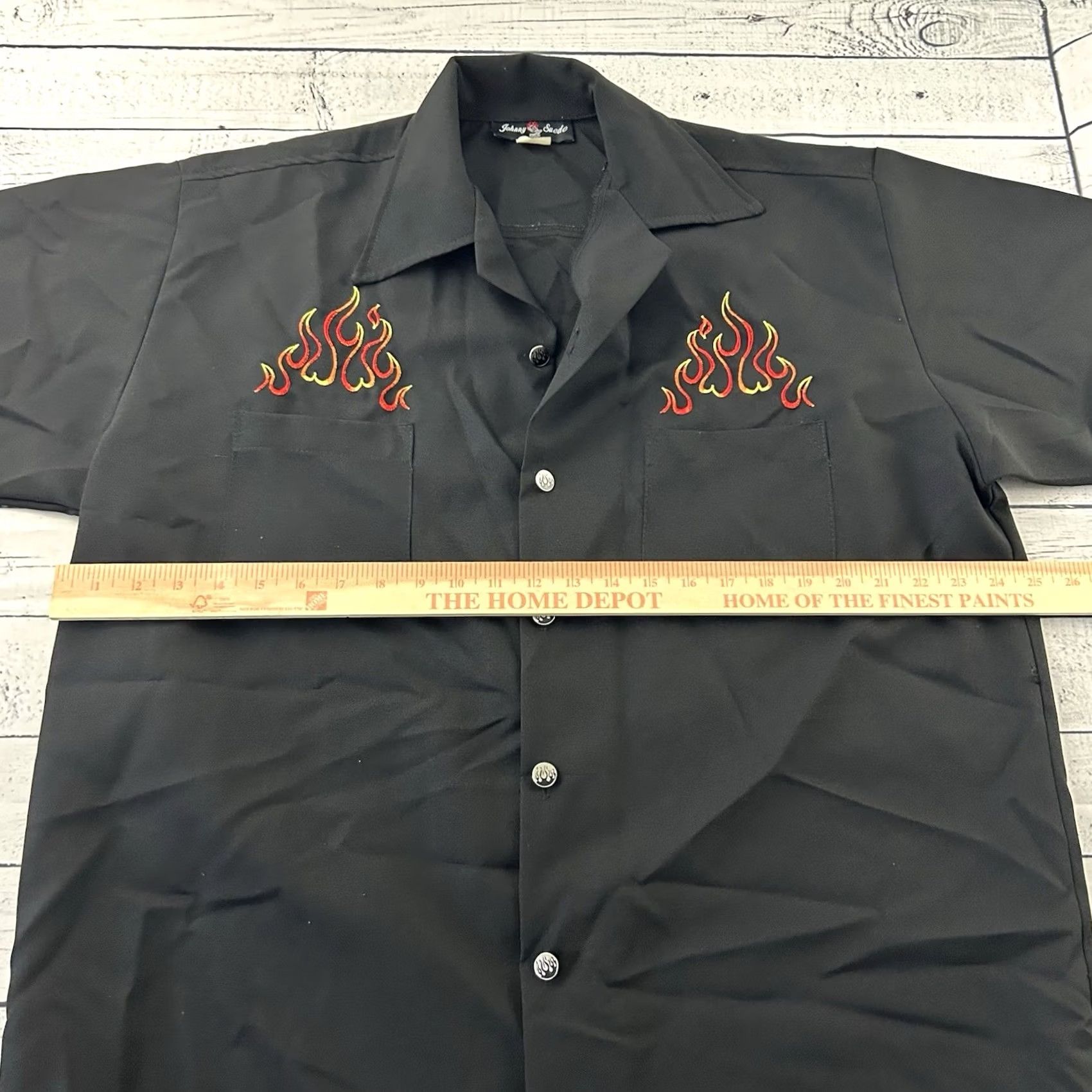 Vintage Johnny Suede Shirt Button-Up Short Sleeve Embroidered Flames Black L Mens Large Size US L / EU 52-54 / 3 - 4 Thumbnail
