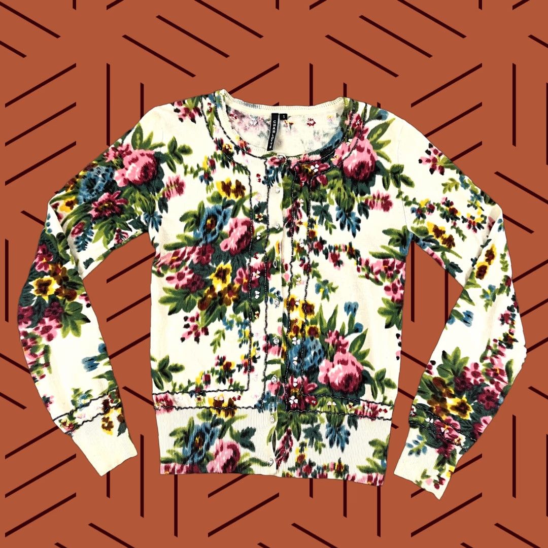 Anthropologie Anthropologie CHARLOTEE TARANTOLA Cardigan Sweater Womens Petite Small Floral Beaded Button Up Multicolor Classic 3/4 Sleeve Size S / US 4 / IT 40 - 1 Thumbnail