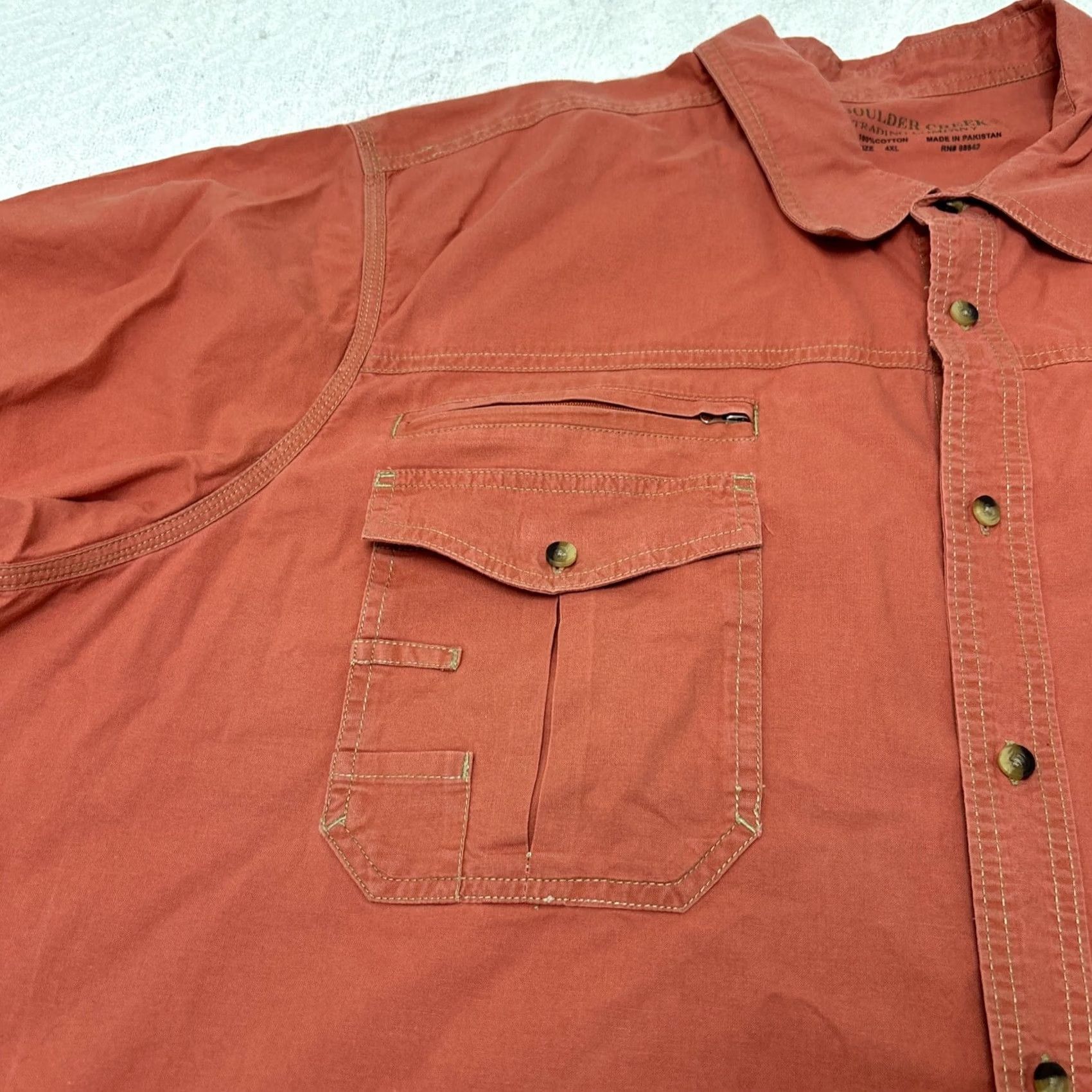 Vintage Boulder Creek Button-Up Shirt 4XL Men Short Sleeve Salmon Pocket Fish Safari Pink Size US 39 - 3 Thumbnail
