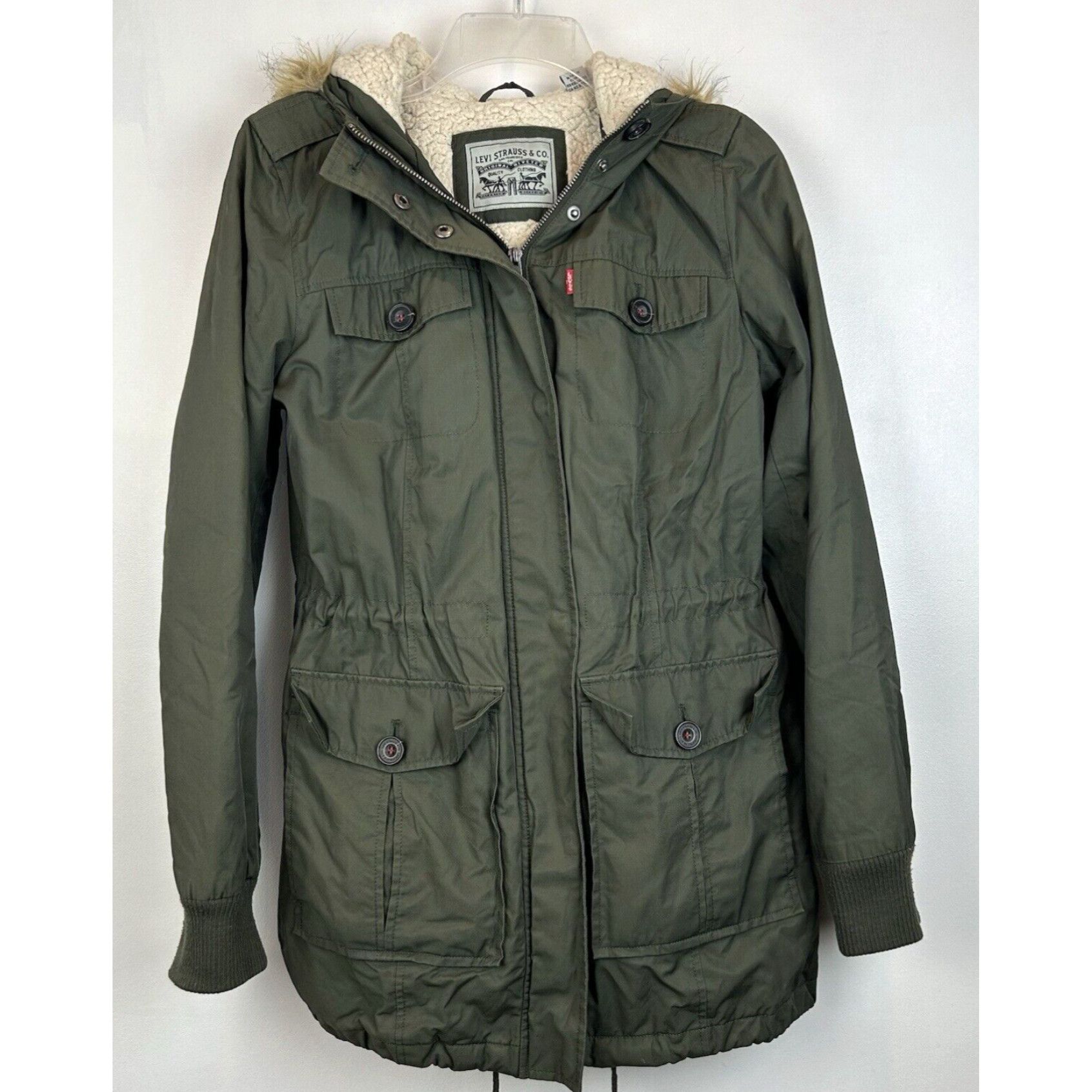 Levi s Womens Parka Coat Fleece Lined Hooded Army Green Sherpa Leather Jacket By Levi Grailed