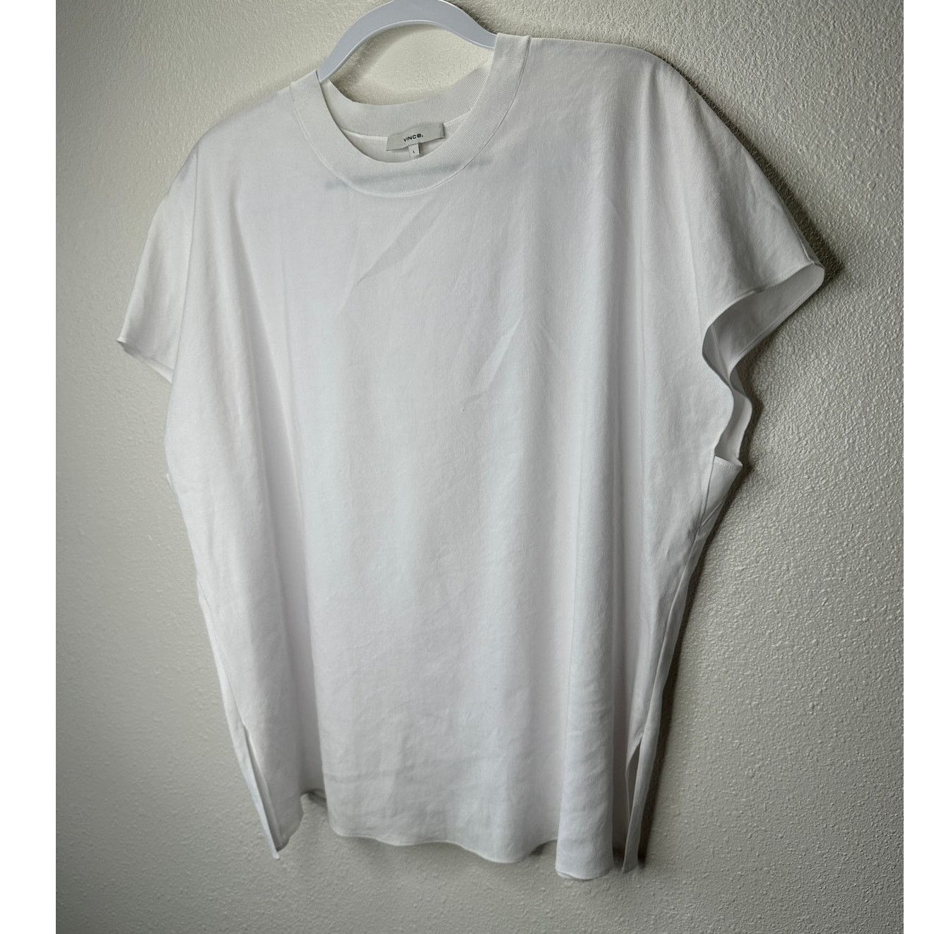 Vince Vince White Linen Round Neck Cap Sleeve Side Slit Tee Top L Size L / US 10 / IT 46 - 3 Thumbnail