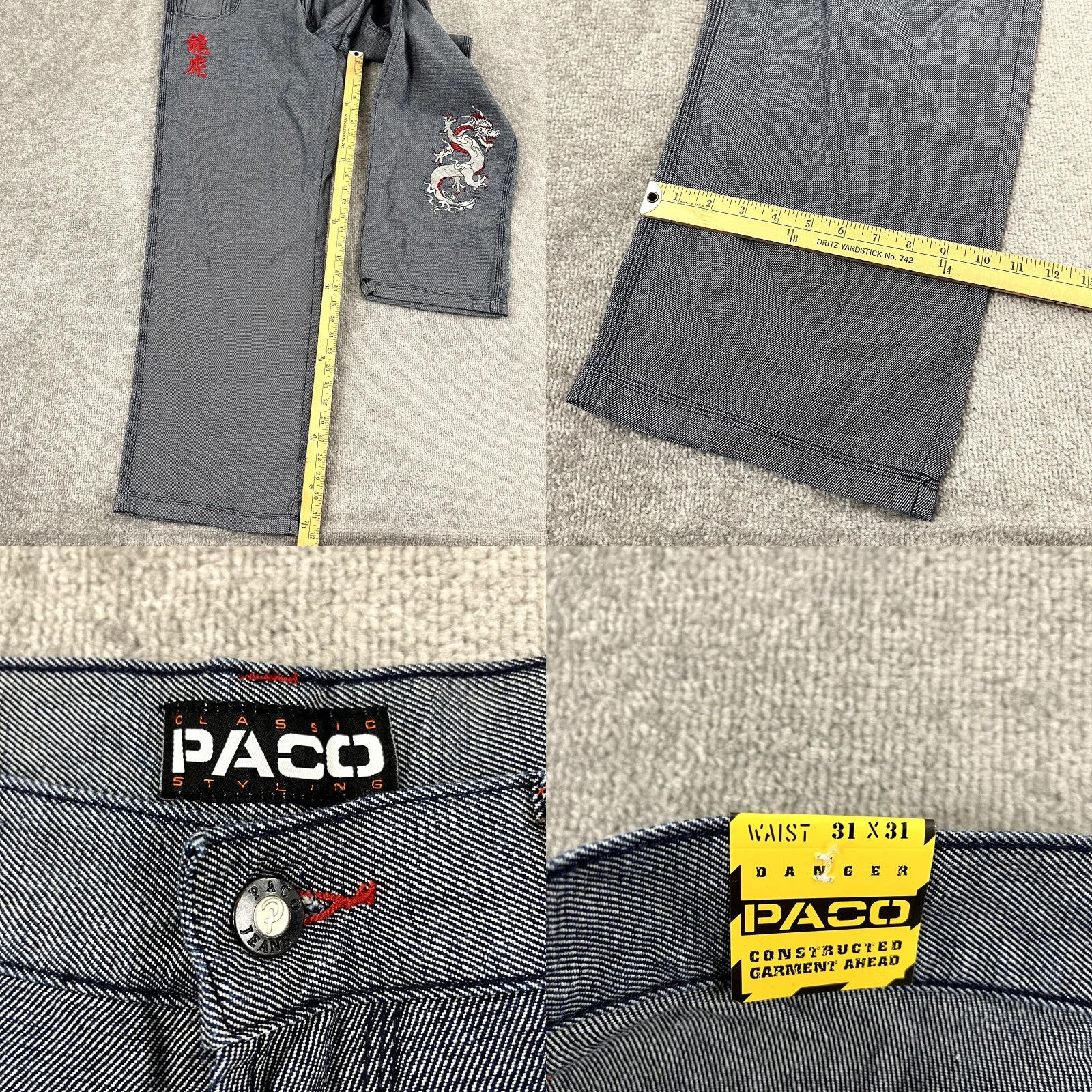Vintage VINTAGE PACO Jeans Mens 31 x 31 Hip Hop Wide Skater Dragon Tiger Embroidered Y2K Blue Mens Size US 31 - 8 Thumbnail