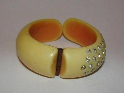Designer Butterscotch Bakelite Rhinestone Clamper Bracelet Size ONE SIZE - 3 Thumbnail