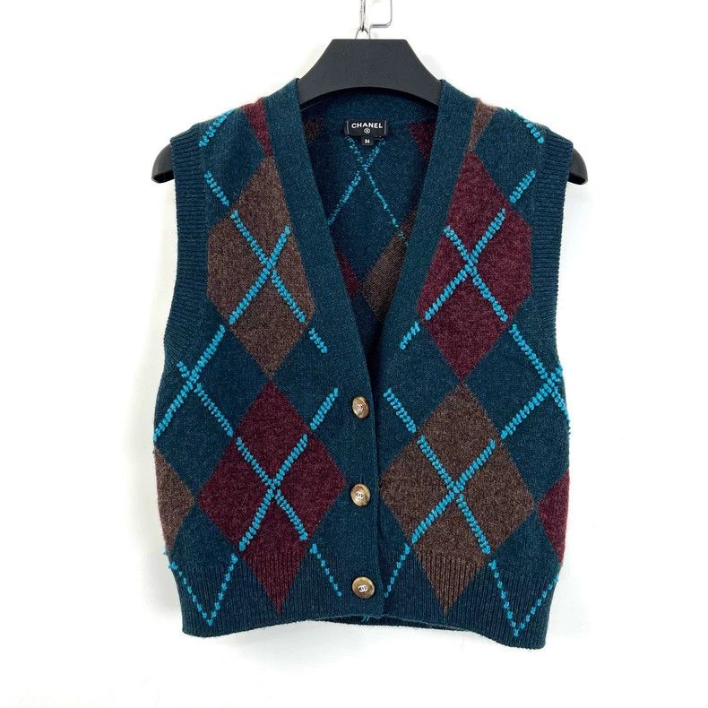 Chanel Chanel 24A blue and green knitted diamond plaid cardigan ve Size XS / US 0-2 / IT 36-38 - 2 Thumbnail