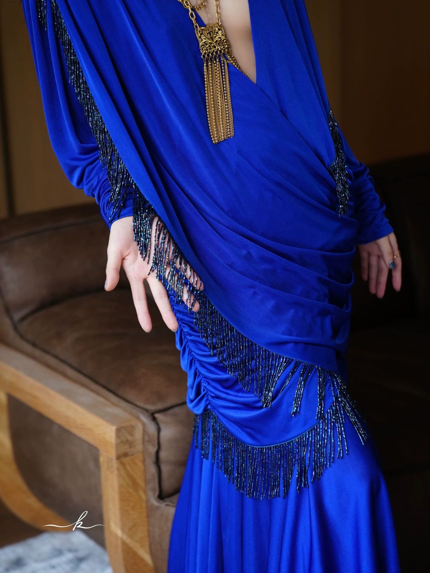 Vintage Vintage Klein Blue Pleated Beaded Tassel Dress Size L / US 10 / IT 46 - 7 Thumbnail