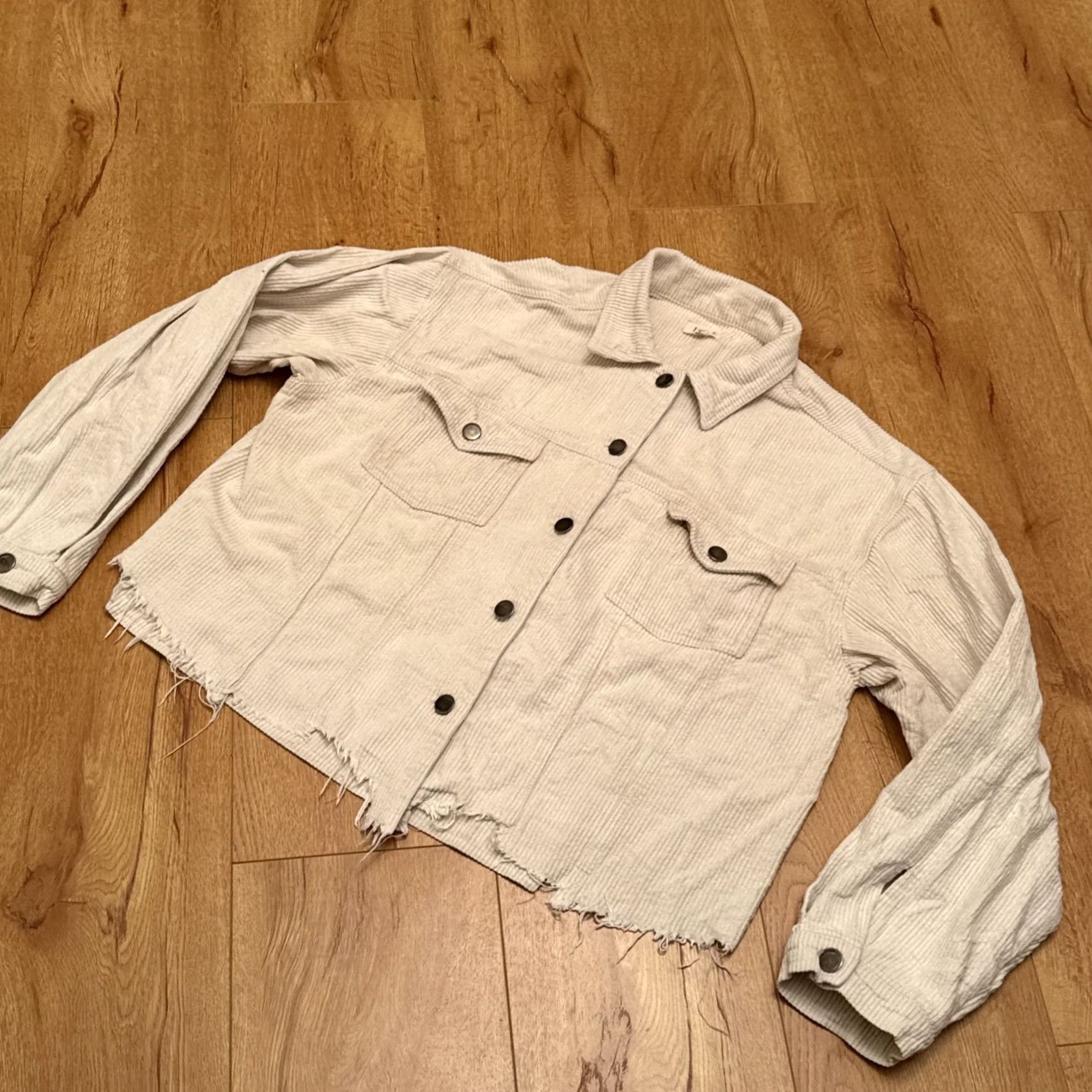 Vintage POL Corduroy Jacket Cropped Button Up Striped Beige Women's Medium Boho Pockets Raw Hem Fall Spring Vintage No Size M / US 6-8 / IT 42-44 - 4 Thumbnail