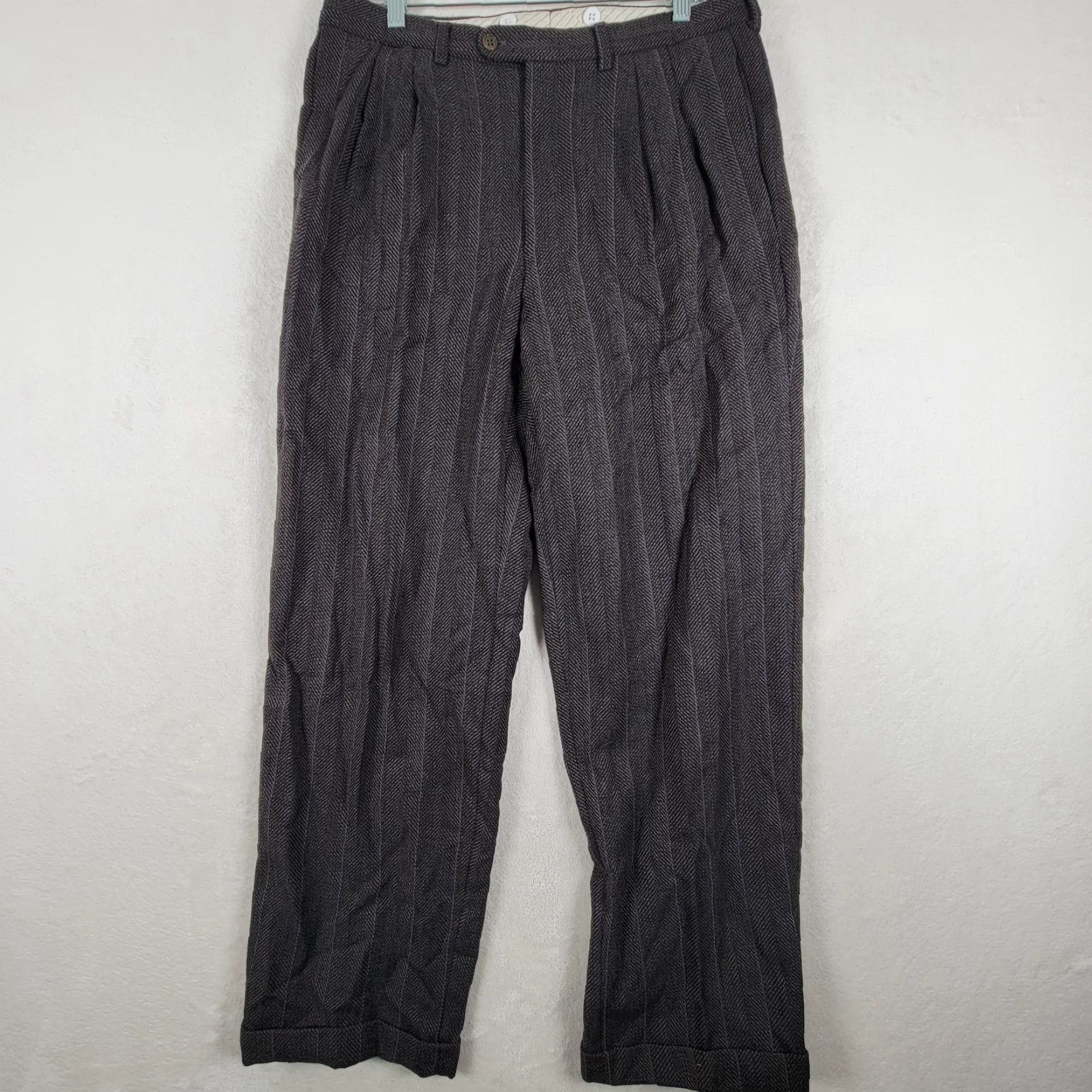 Vintage GENERIC MENS DRESS PANTS IN DARK Brown Wool Blend Striped 34x30 Casual Regular Mens Dress Pants 34 Brown Mens Size US 34 / EU 50 - 2 Thumbnail