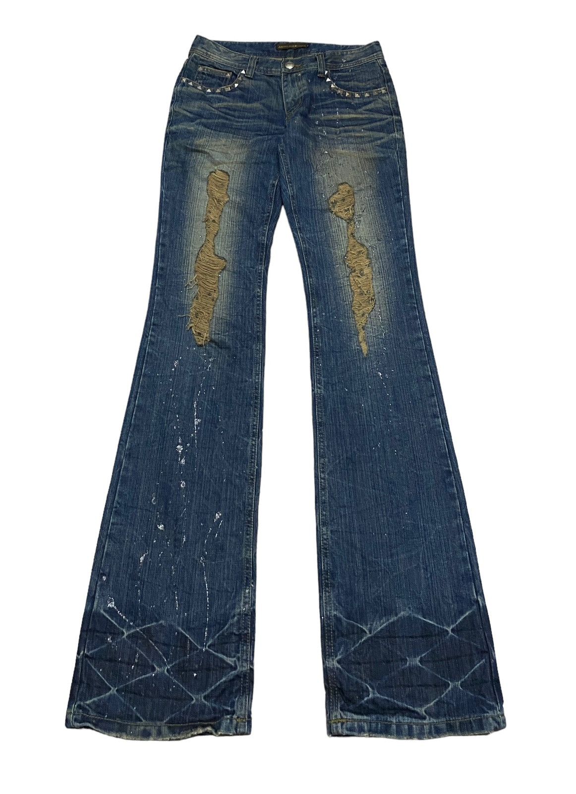 Le Grande Bleu (L.G.B.) Rare Design Vintage Angelica Roses Flared Waxed Jeans 2000s Size US 31 - 1 Thumbnail
