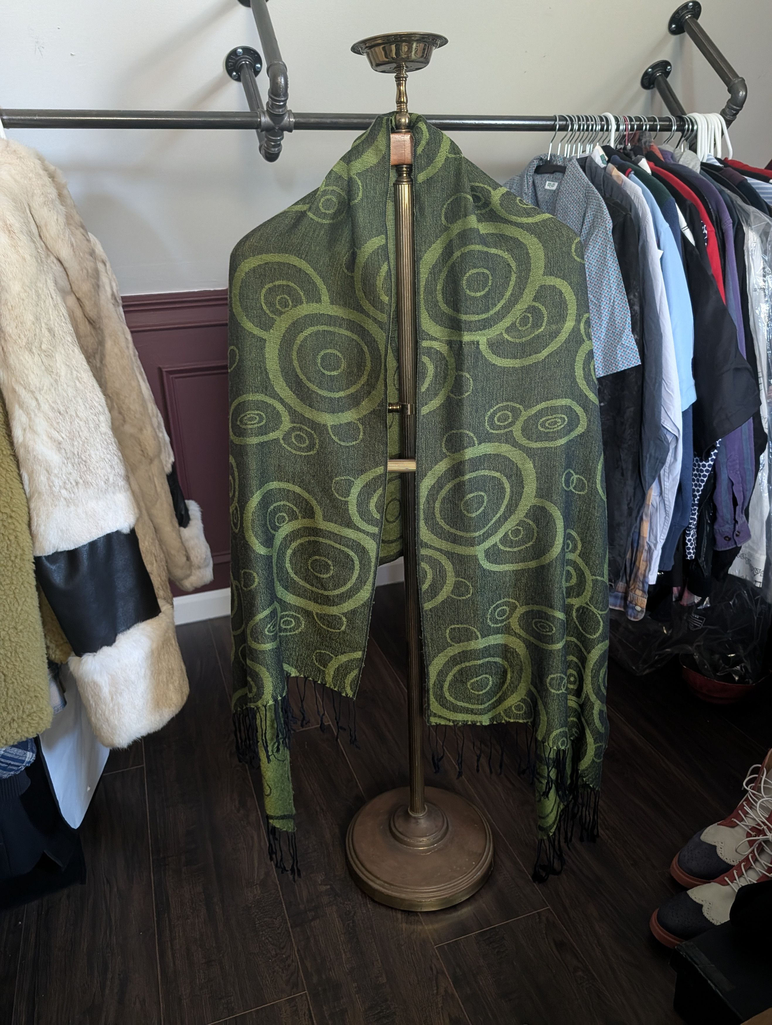 Green PASHMINA & SILK vtg knit fringe scarf wrap