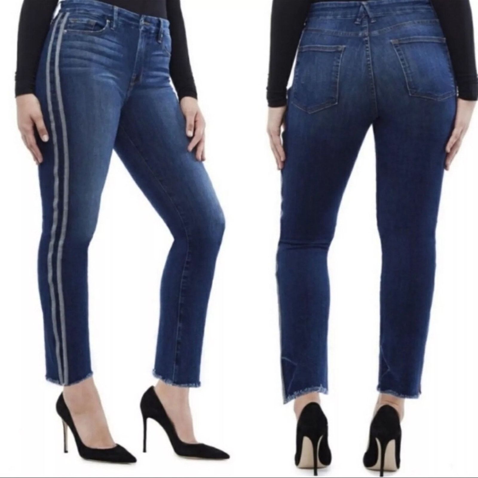 Good American Good American Straight Jeans Side Stripe Dark Blue Size 20 Size 42" / US 20 - 1 Thumbnail