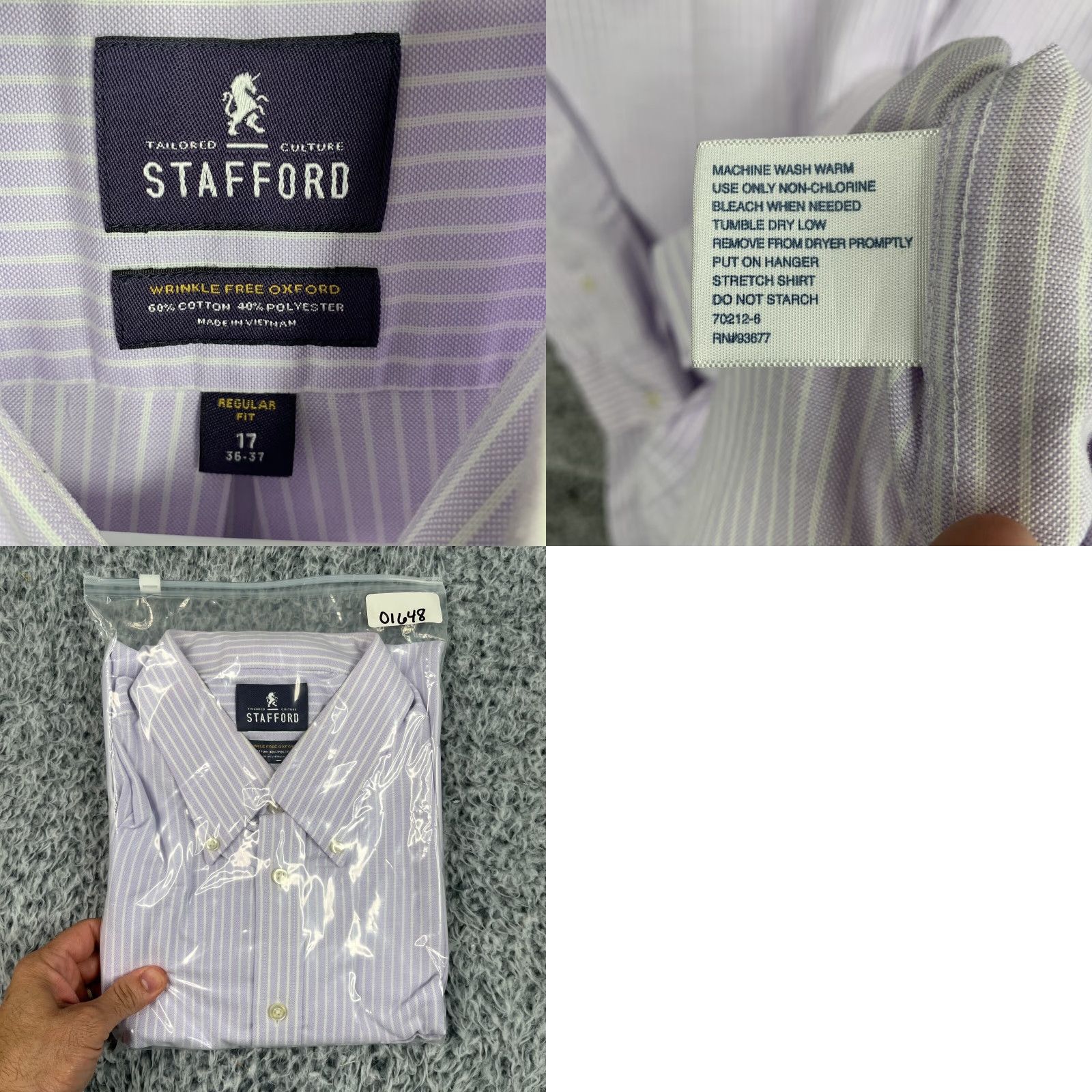 Stafford Stafford Shirt Mens 17 Wrinkle Free Purple White Stripe Button-Up Oxford Workwear Shirt Size US XL / EU 56 / 4 - 8 Thumbnail