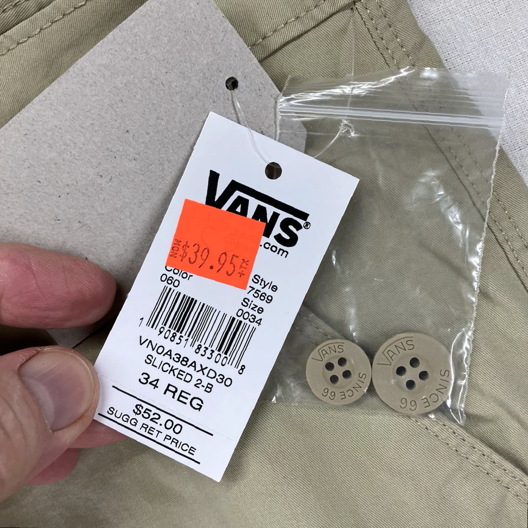 Vans VANS Men's Khaki Chino Pants Casual Everyday Skateboarding 34x34 Beige Solid Logo Button Flat Front Mid Rise Regular Straight Mens Pants Size US 34 / EU 50 - 4 Thumbnail