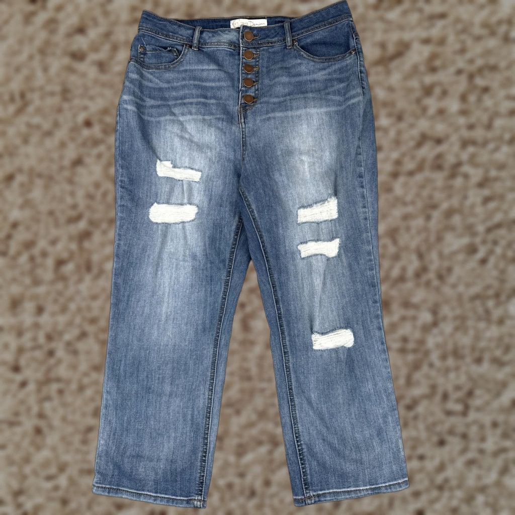Denime C EST. 1946 Jeans Women 12 Blue Distressed Button Fly Stretch Straight Leg Denim Jeans Size 34" / US 12 / IT 48 - 1 Thumbnail