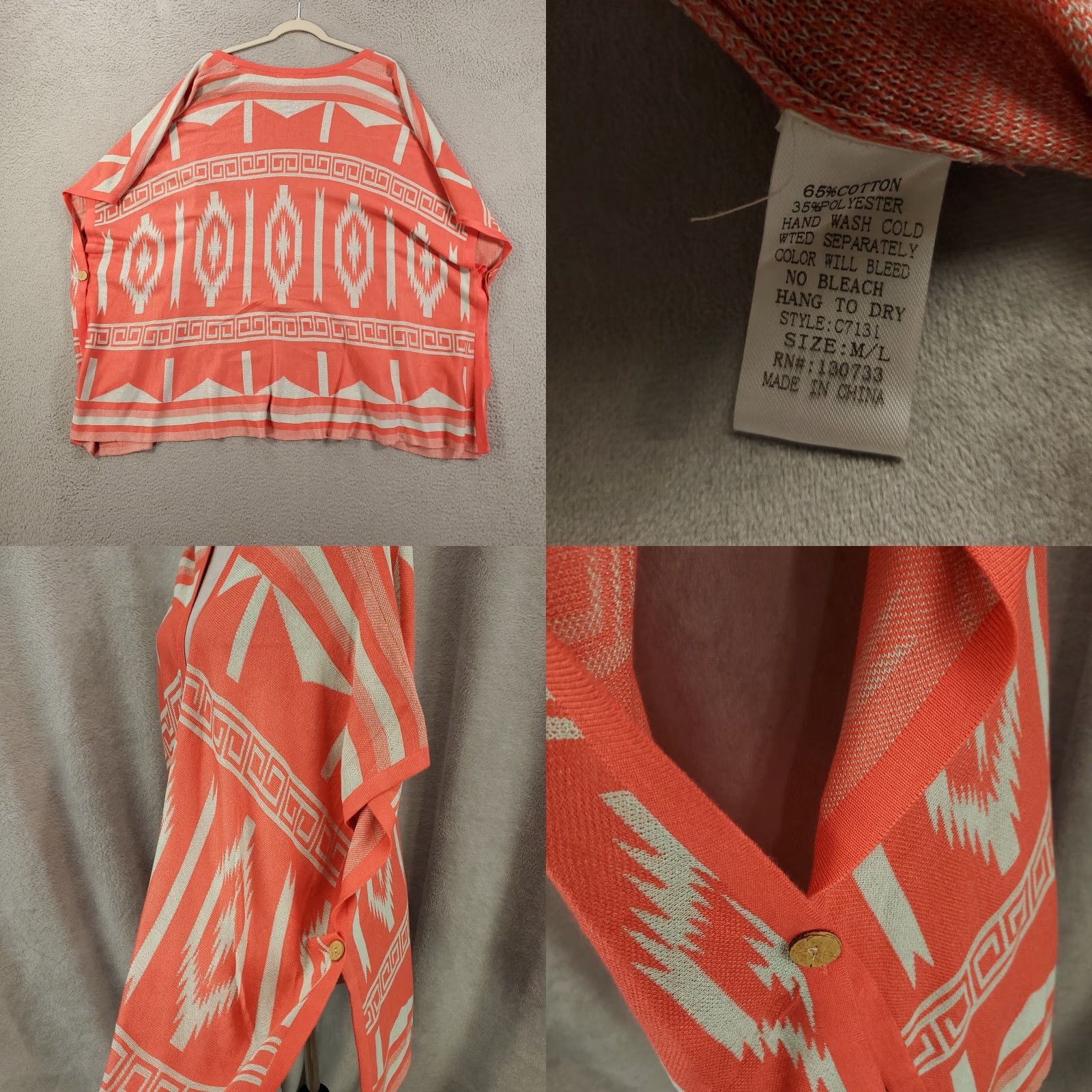 Vintage UMGEE Cardigan Sweater Open Front 3/4 Sleeve Boho Aztec Geometric Knit Orange Large L Women Size L / US 10 / IT 46 - 8 Thumbnail