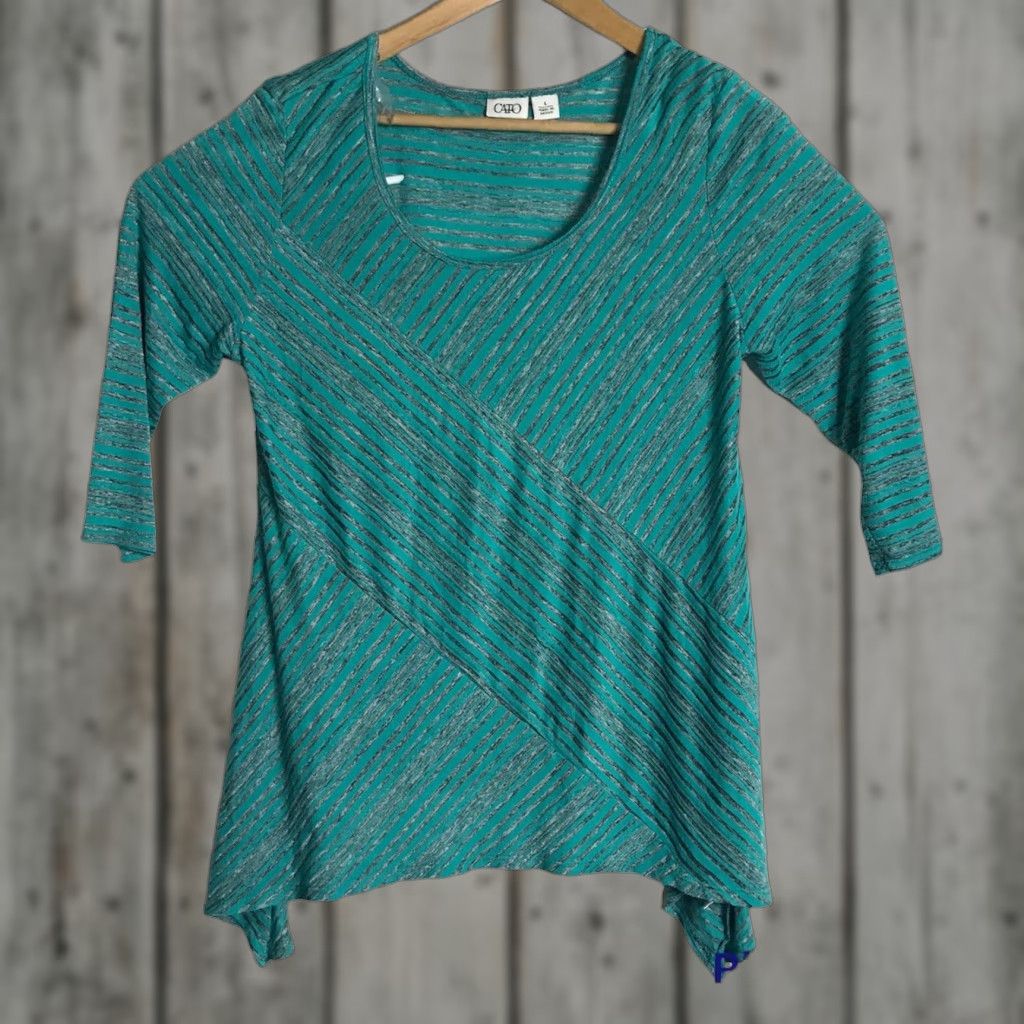 Vintage CATO Top Womens Large 3/4 Sleeve Tunic Green Gray Stripe Sheer Lightweight Pullover Casual Boho Size L / US 10 / IT 46 - 1 Thumbnail