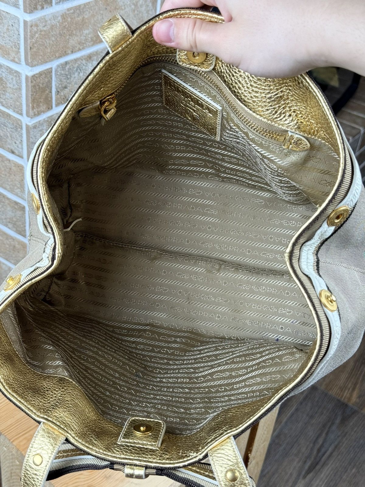 Prada Prada Brown Logo Jacquard Canvas Mettalic Gold Handle Bag Size ONE SIZE - 13 Thumbnail