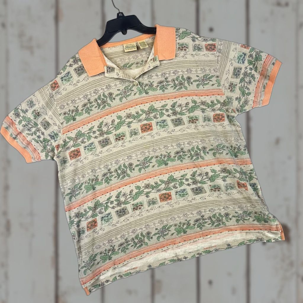 Vintage Vintage St. John's Bay Shirt Womens XL Floral Pattern Polo 90s Casual Beige Green Orange Floral 1990s Women XL Polo Shirt Size XL / US 12-14 / IT 48-50 - 1 Thumbnail