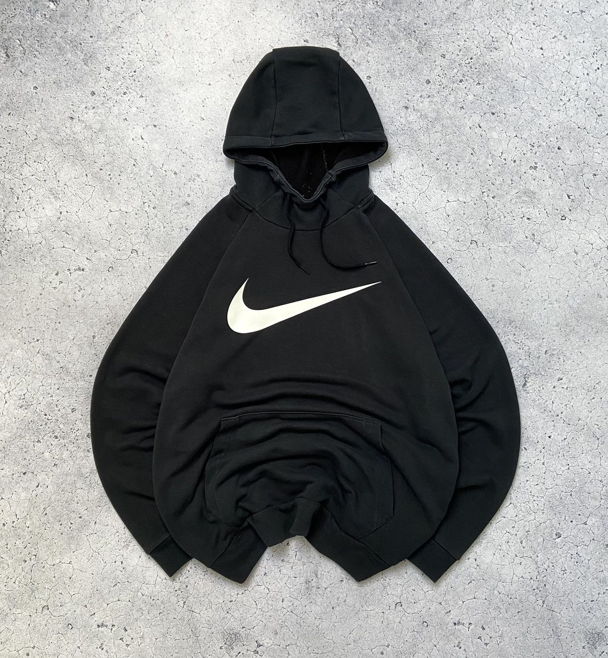 Pre-owned Nike X Vintage Nike Big Center Swoosh Boxy Hoodie Oversized Drill In Black