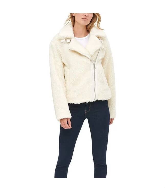 Other NWT Say What ? Fuzzy Ivory Sherpa Moto Jacket Gold Zipper Size S / US 4 / IT 40 - 1 Thumbnail