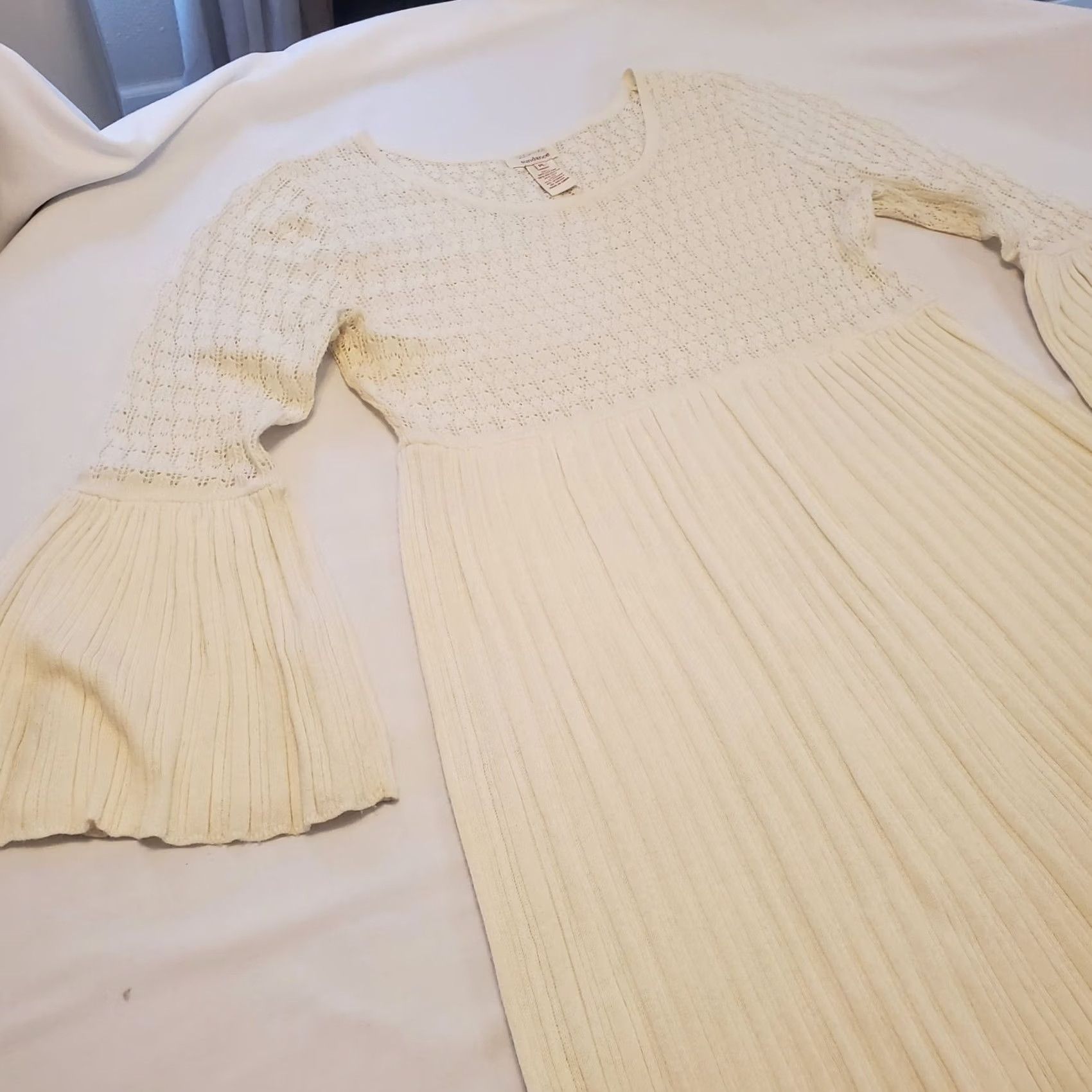 Vintage Sundance Ivory Knit Lace Angel Sleeve High Waist Pleated Dress PL Womens Knee Length 3/4 Sleeve Bohemian Wedding Confetti? Size L / US 10 / IT 46 - 2 Thumbnail